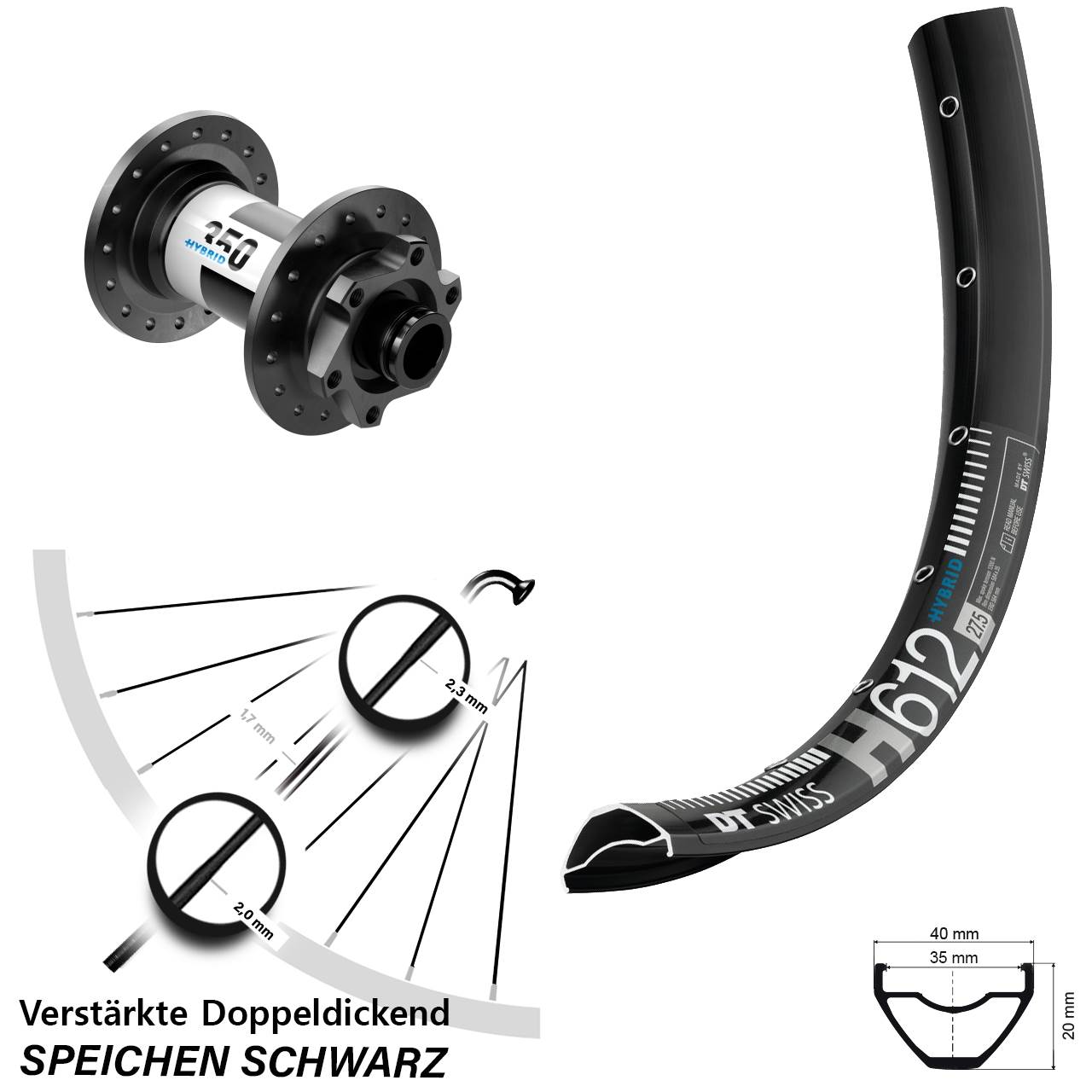 Disc Vorderrad 27,5 Zoll DT Swiss H612 Hybrid 350 für Schnellspanner