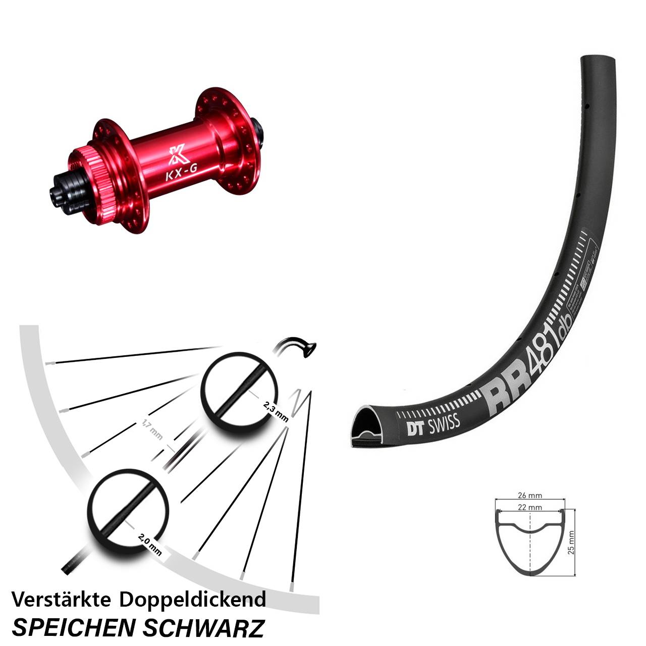 Vorderrad 28 Zoll DT Swiss RR 481 DB Disc verstärkt KX-G rot 5x100