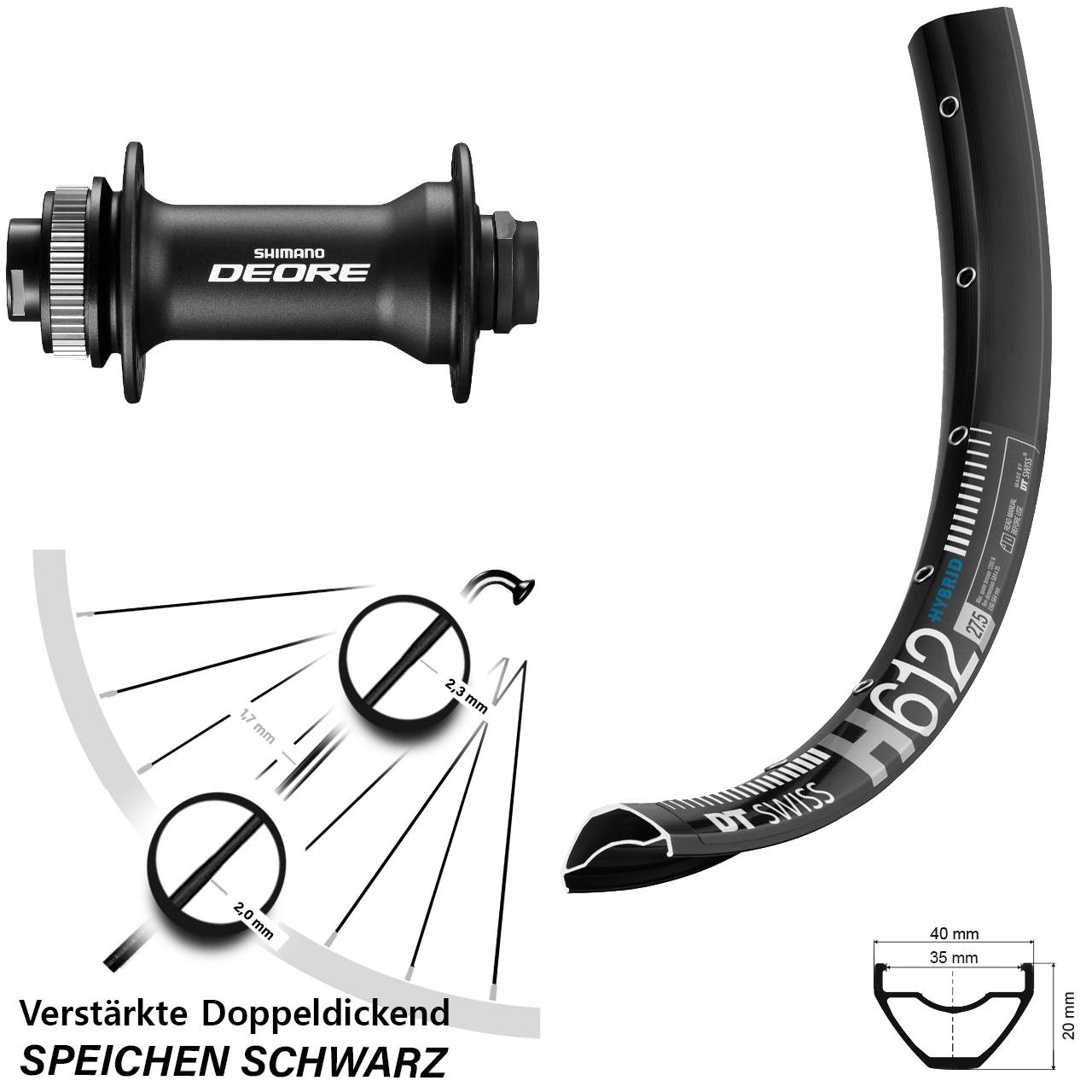27,5 Zoll DT Swiss H 612 Shimano Deore HB-M618 Boost Disc Vorderrad 15x110