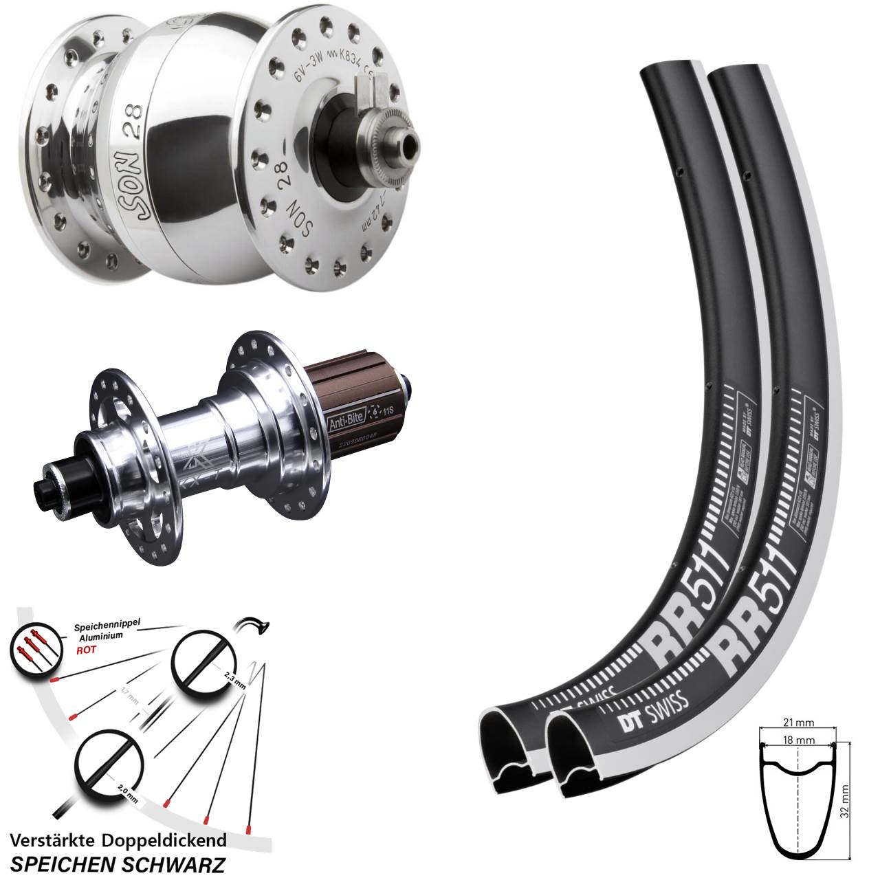 Laufradsatz QR 28 Zoll DT Swiss RR511 KX-T SON 28 poliert 8-12 fach HG