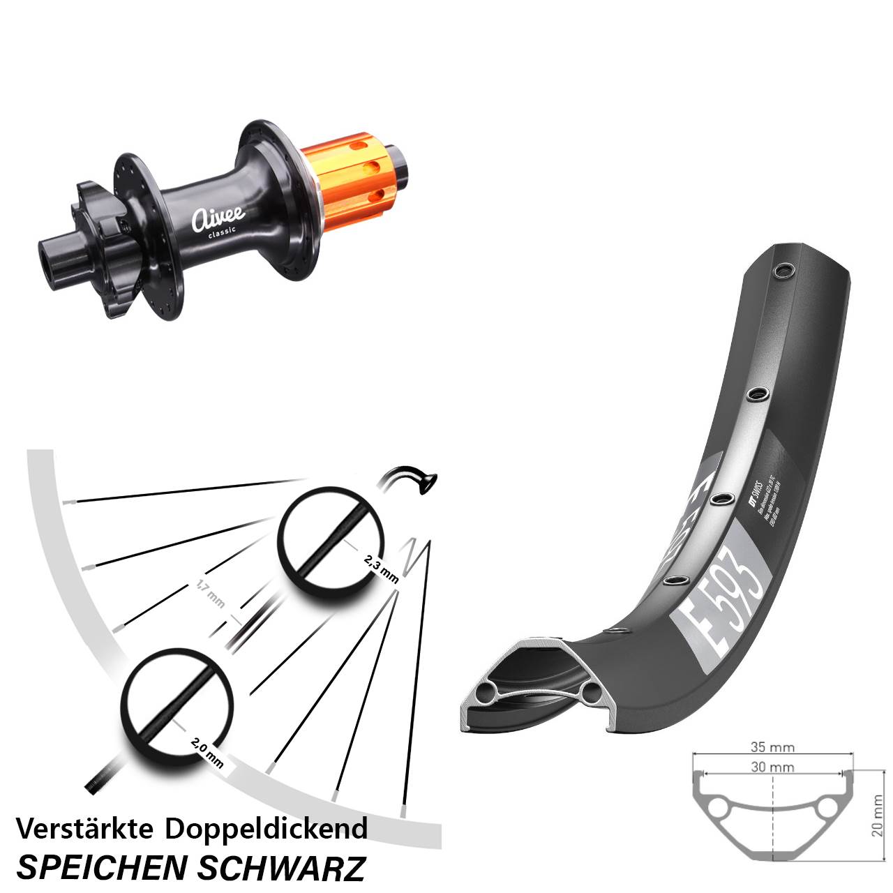 DT Swiss E593 Aivee Classic 29 Zoll Hinterrad 6-Loch 12x148 8-12 fach HG