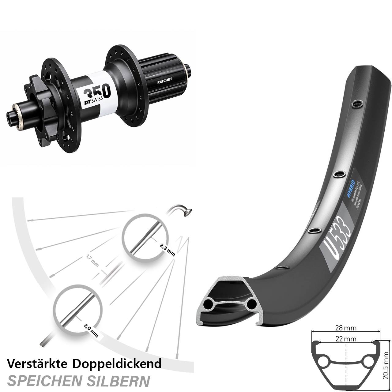 28-29 Zoll U533 DT Swiss 350 Hinterrad QR 8-11 fach HG