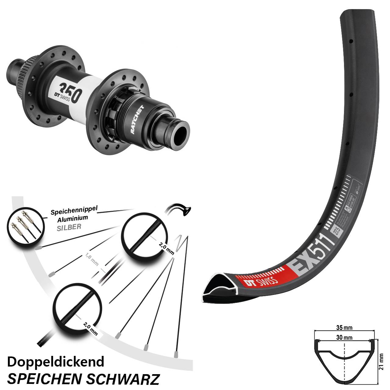 Centerlock Hinterrad 12x142 29 Zoll DT Swiss EX511 DT Swiss 350