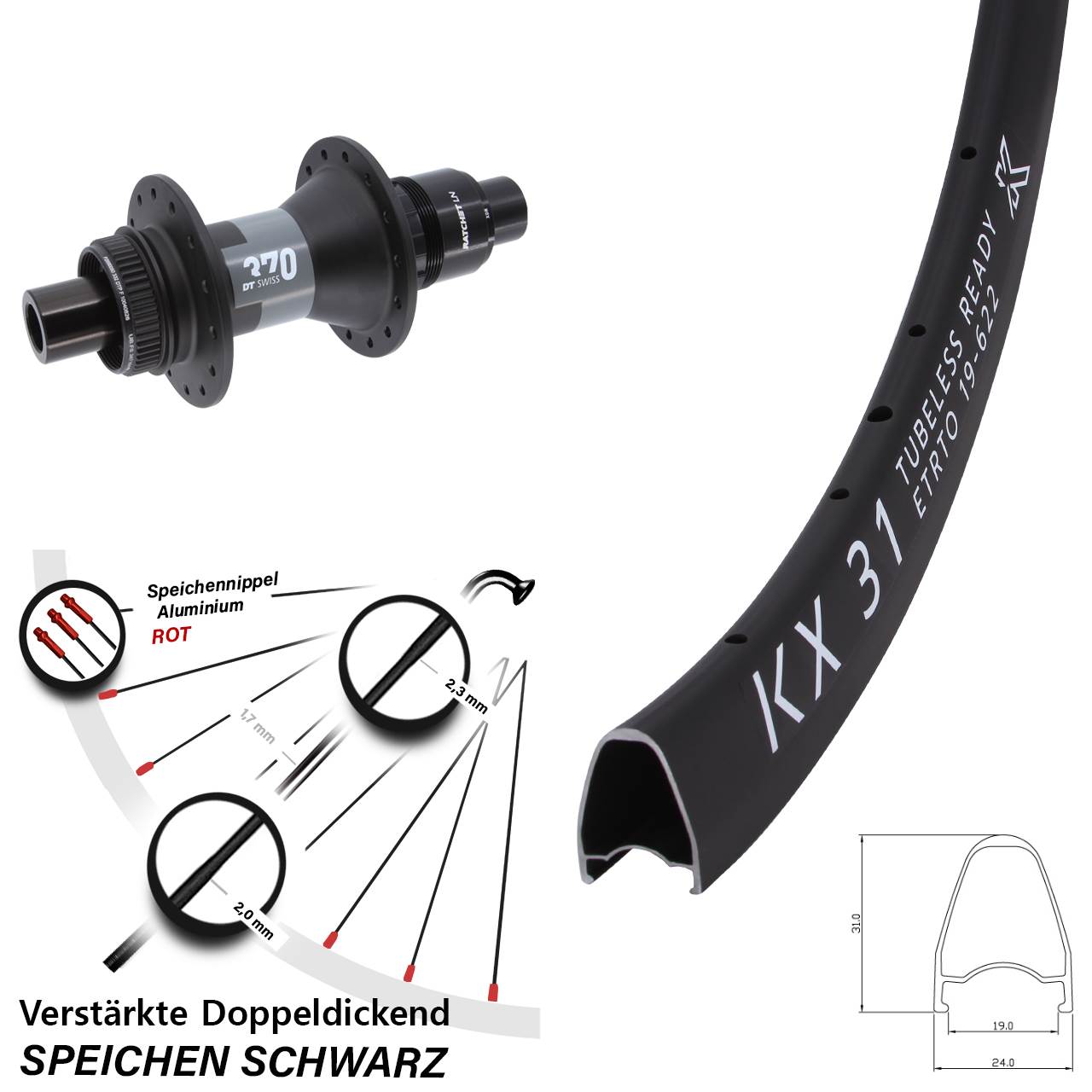 Hinterrad Centerlock 12x142 28 Zoll KX31 DT Swiss 370 SRAM XDR