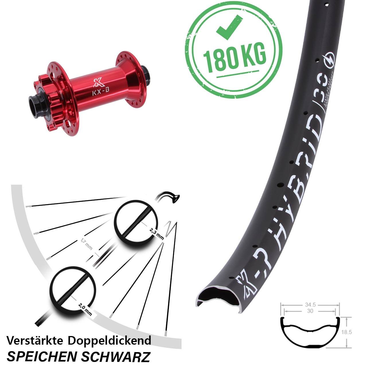 Vorderrad 6-Loch 29 Zoll KX-BR Hybrid 30 rot 15x110 Boost