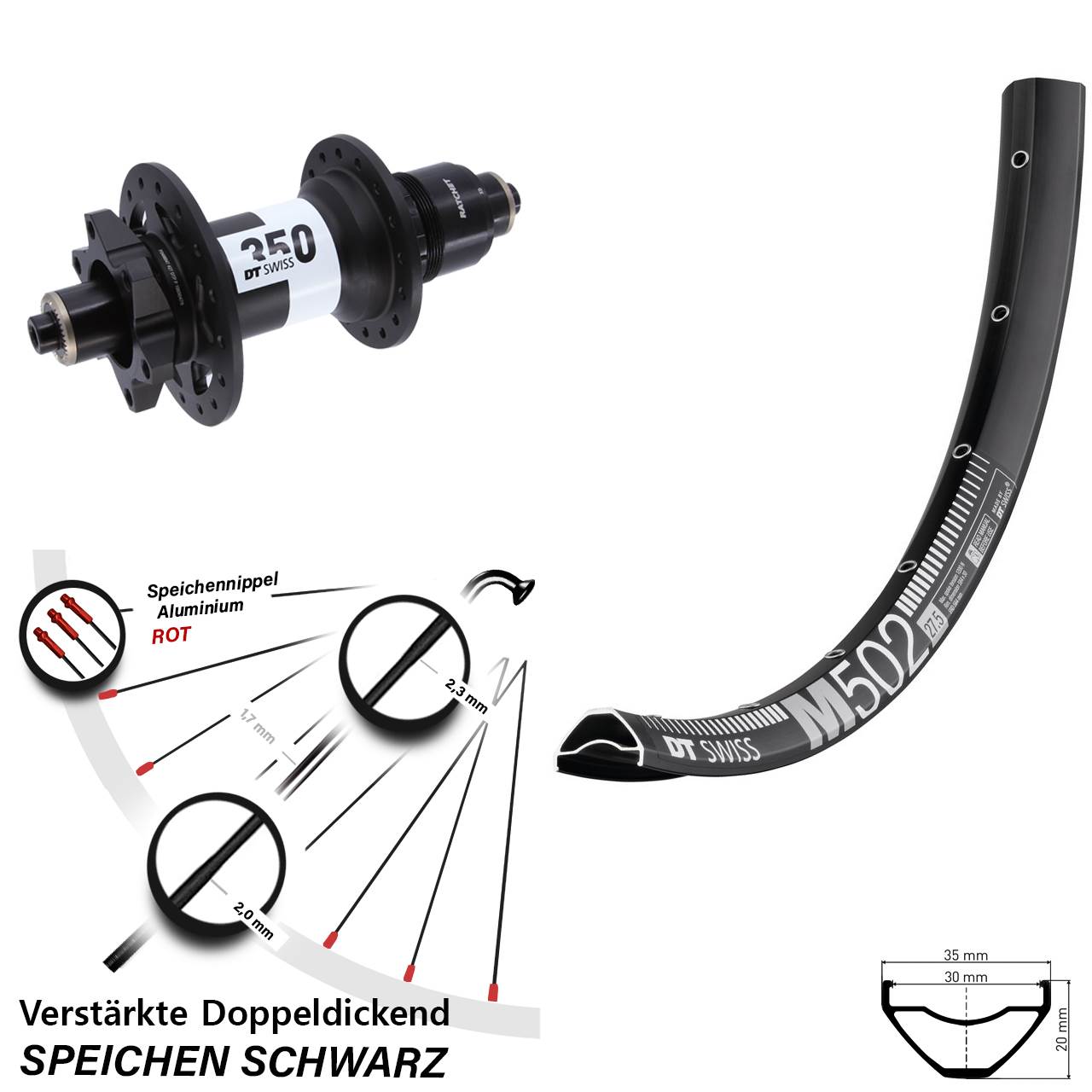 27,5 Zoll DT Swiss M 502-350 6-Loch Hinterrad QR Boost XD 11-12 fach
