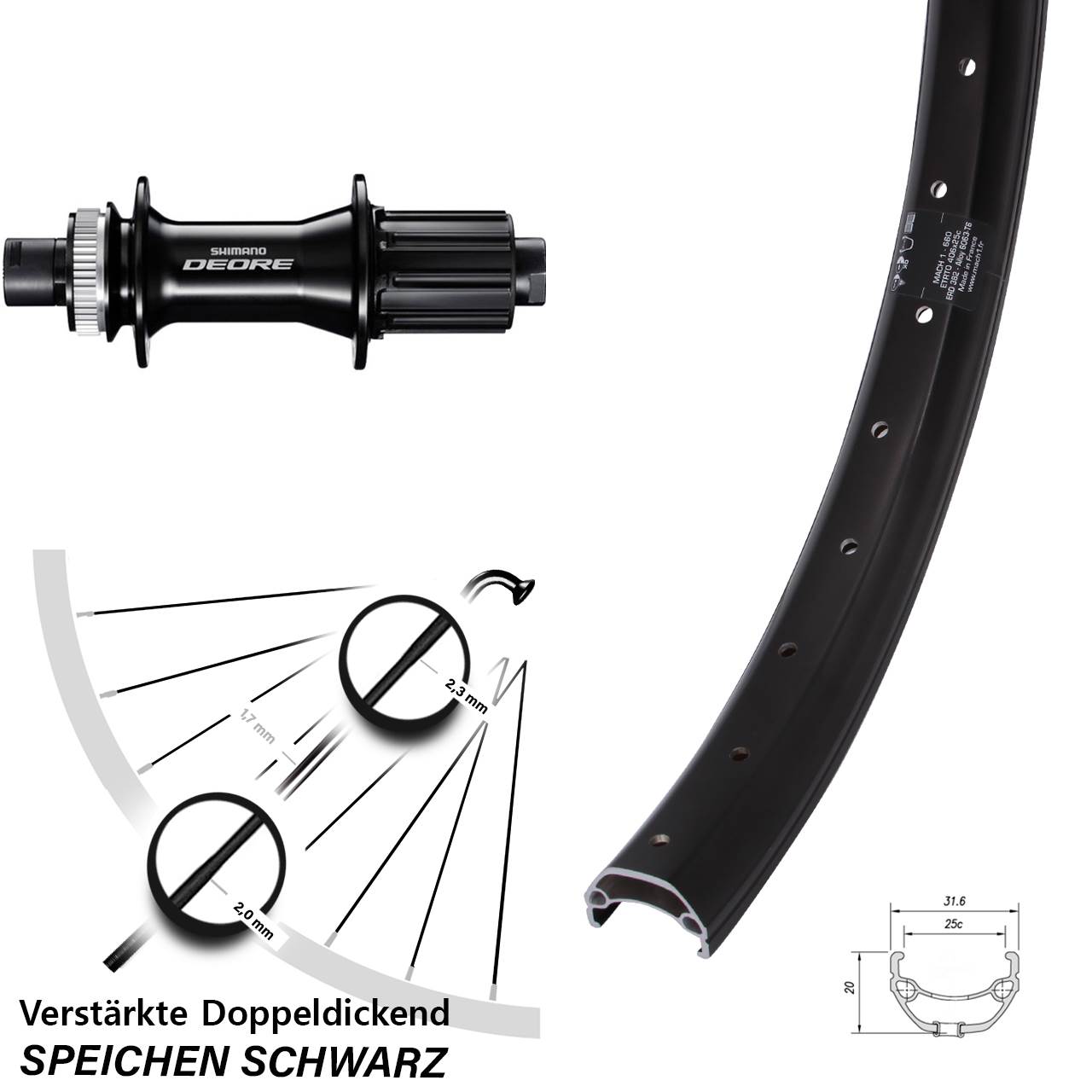 20 Zoll Mach1 Kargo Shimano Deore Disc Laufrad 12x142 8-11 fach HG