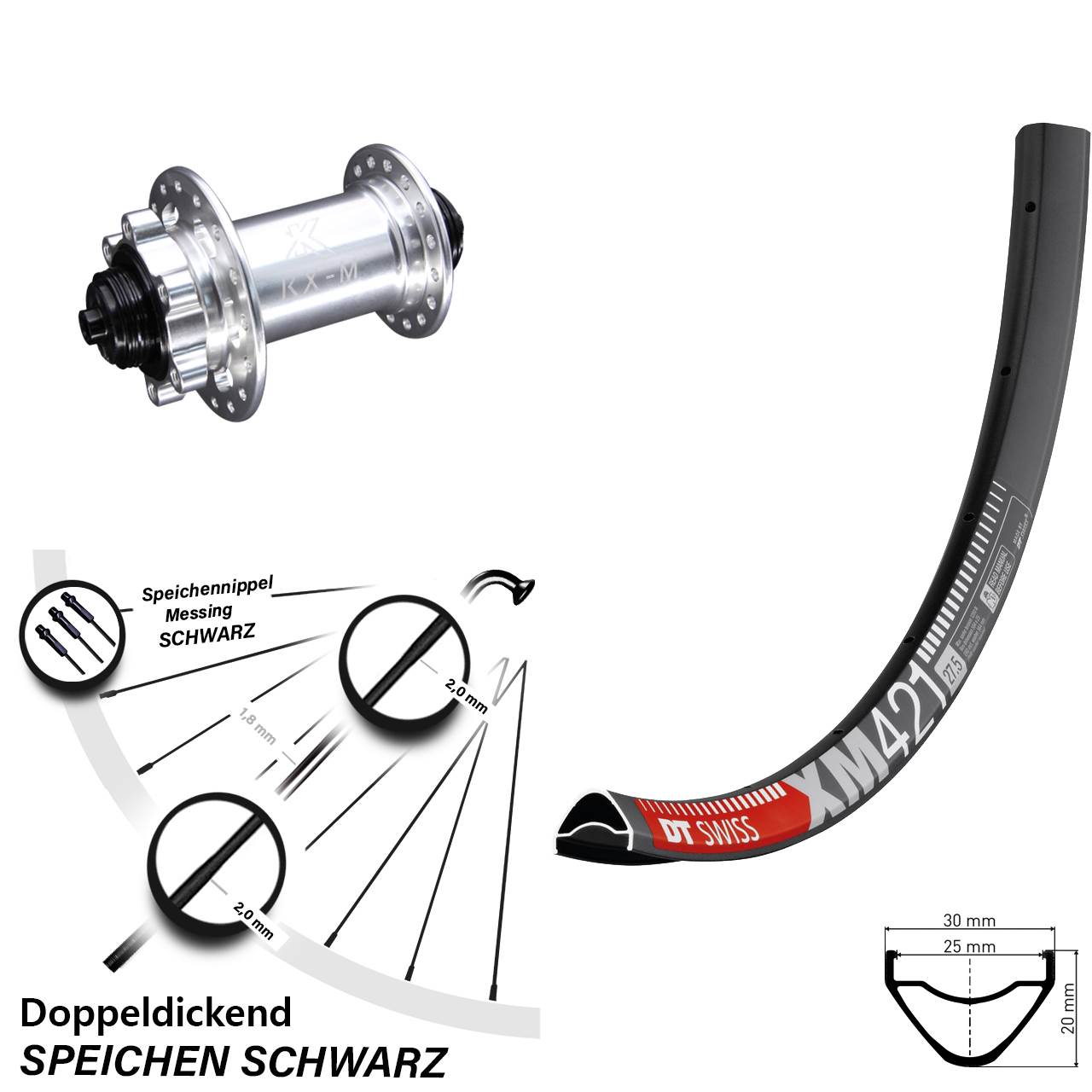 Laufrad 29 Zoll DT Swiss XM 421 Disc KX-M 6-Loch 5/100 silbern