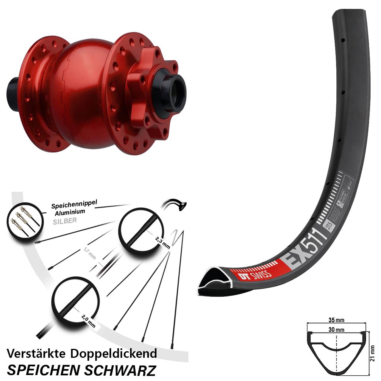 SON 28 rot DT Swiss EX511 27,5 Zoll Disc Laufrad mit Nabendynamo 15x110 Boost