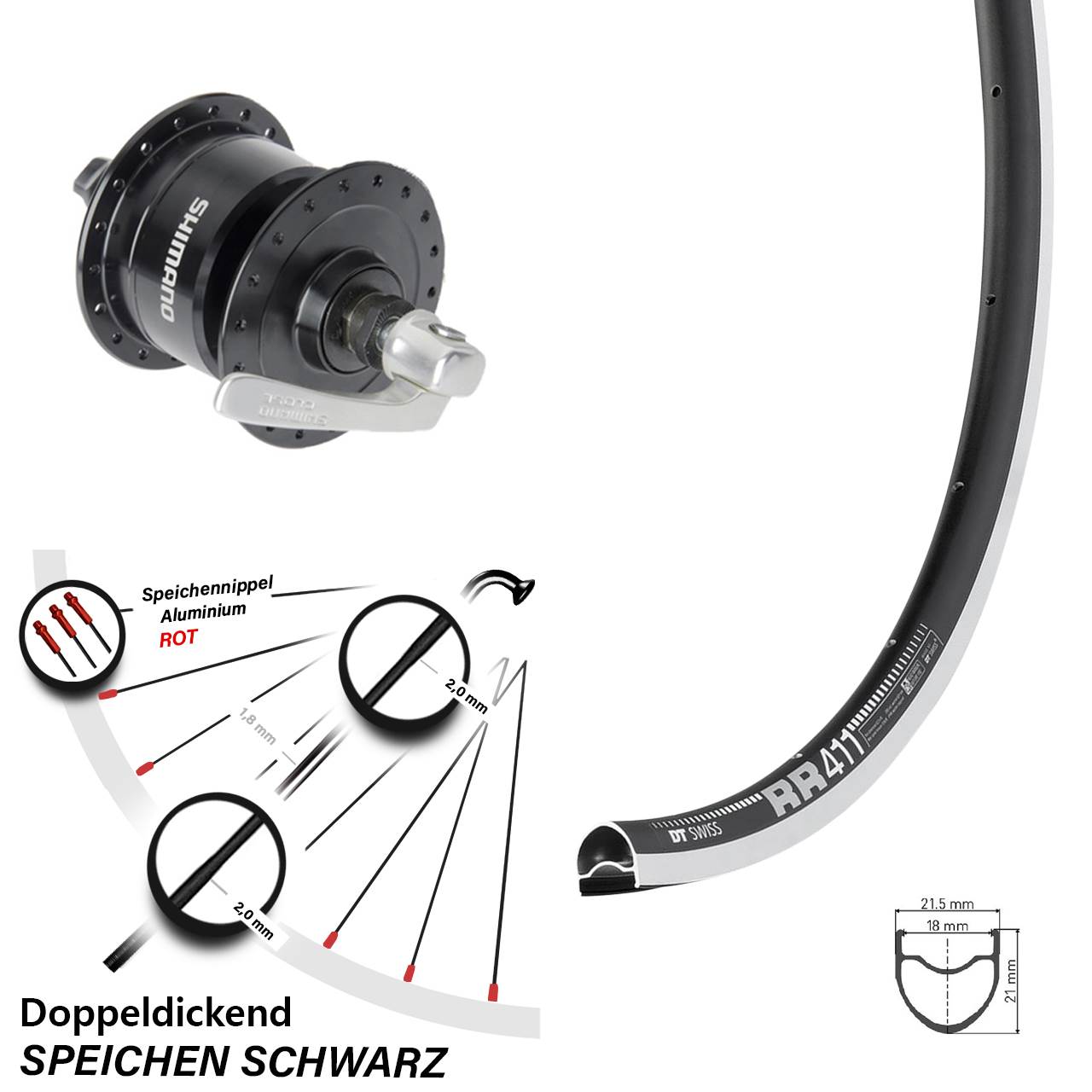DT Swiss RR 411 Shimano DH3N72 28 Zoll Laufrad mit Nabendynamo für Schnellspanner