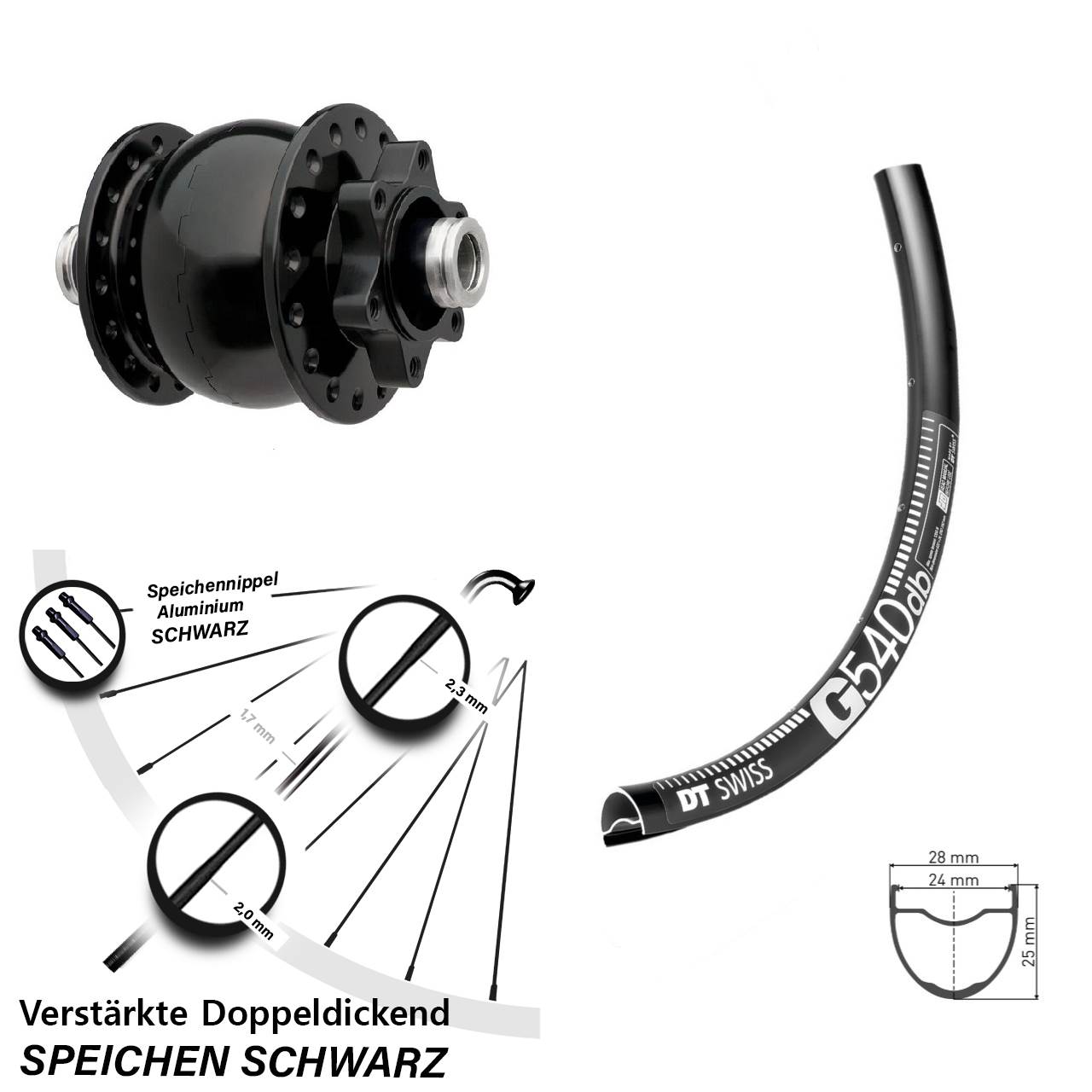 Vorderrad Gravel DT Swiss G 540 Nabendynamo SON Dynamo 12x100 mm Steckachse 6-Loch