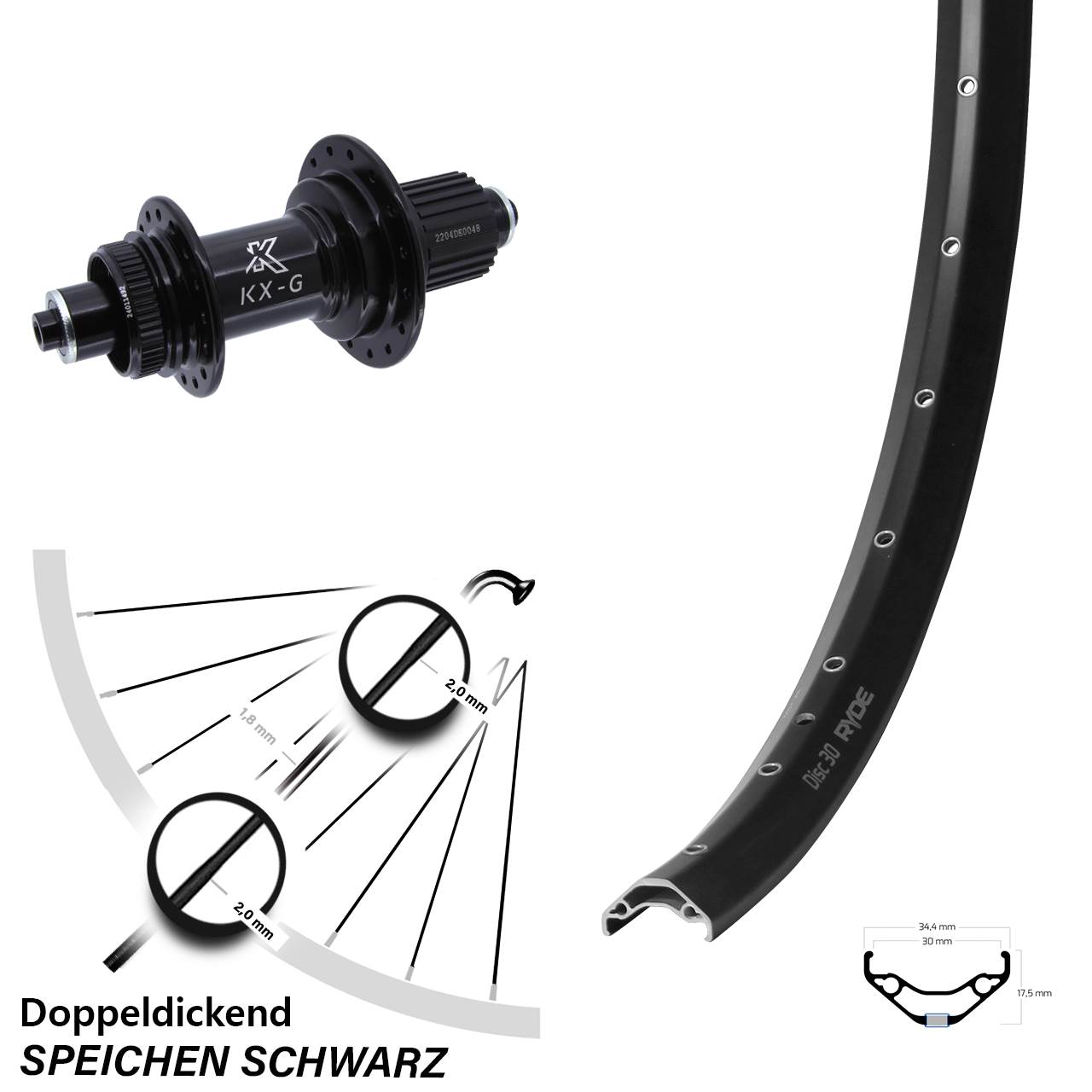 29 Zoll Hinterrad Ryde Disc 30 KX-GS Centerlock Micro Spline schwarz