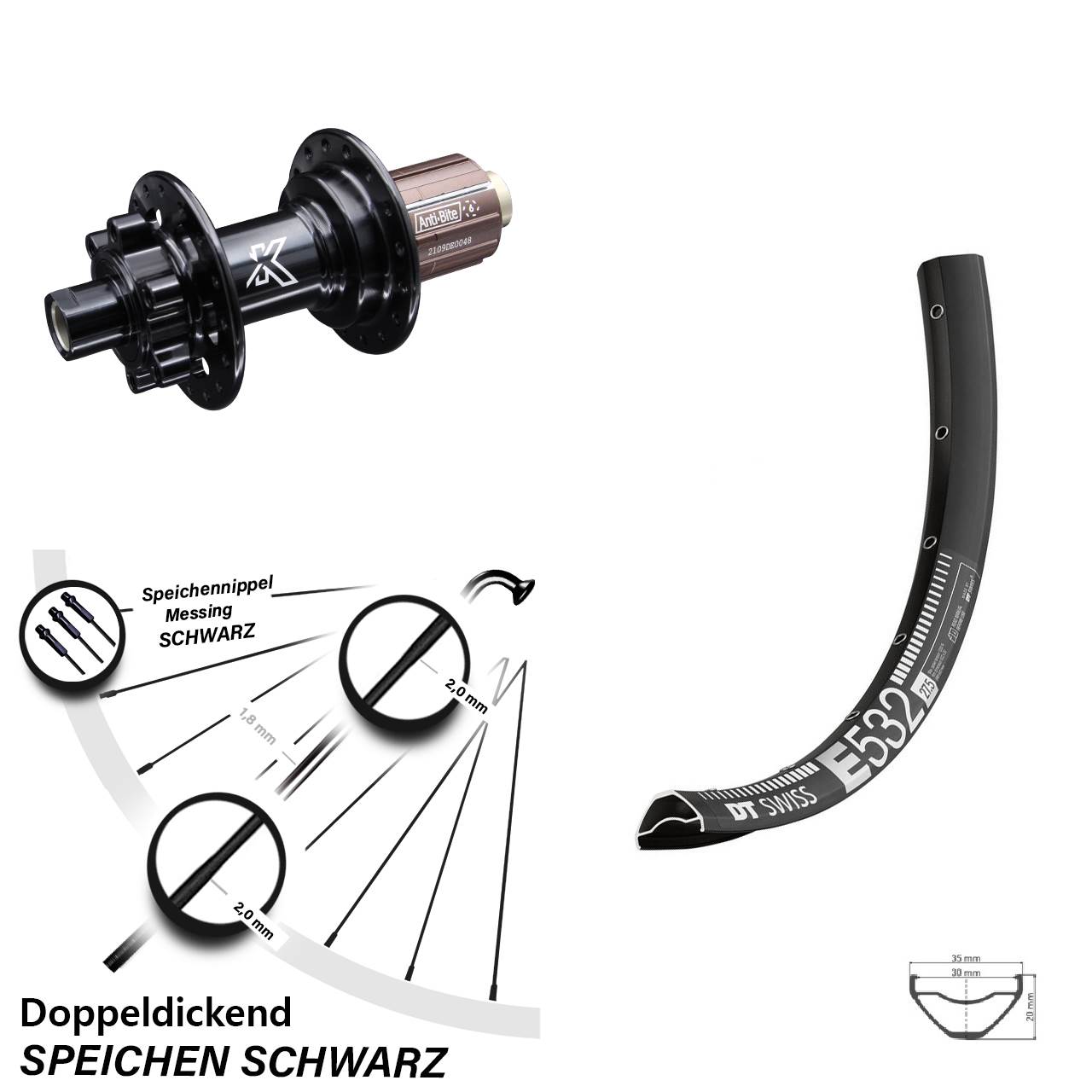 DT Swiss E 532 -Hinterrad 29 Zoll MTB Enduro Nabe 6-loch KX-M schwarz 12x142 mm 11-fach