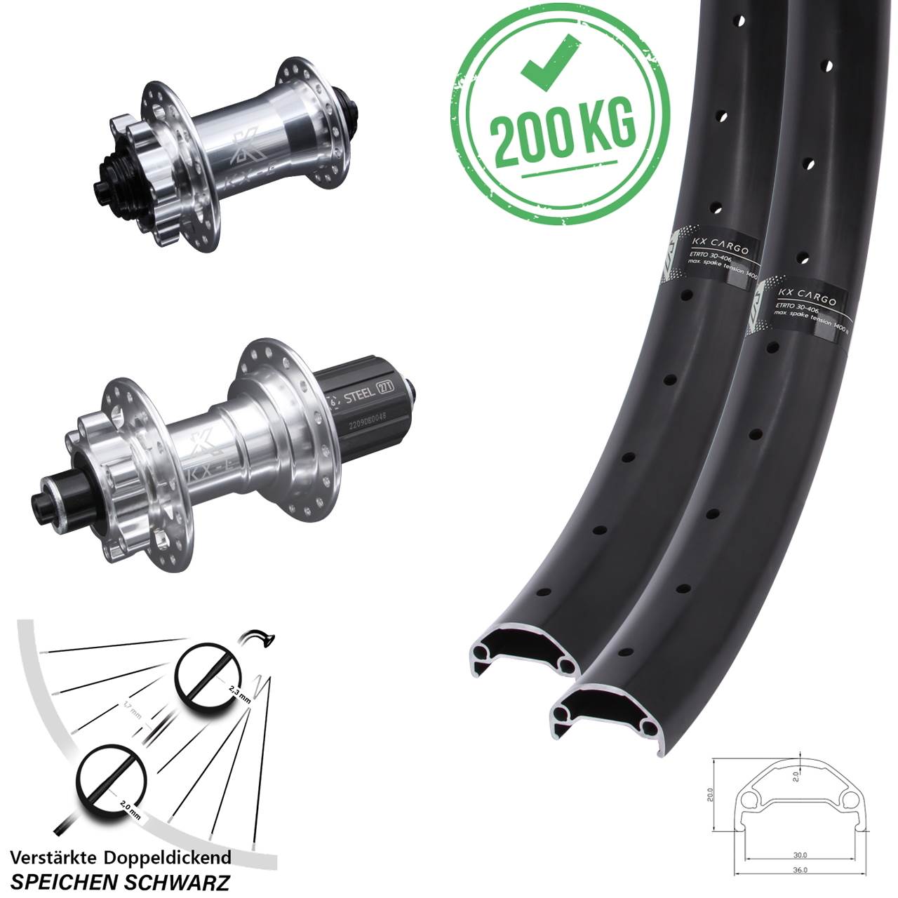 26 Zoll KX-E Cargo verstärkt Disc Laufradsatz QR 8-12 fach HG