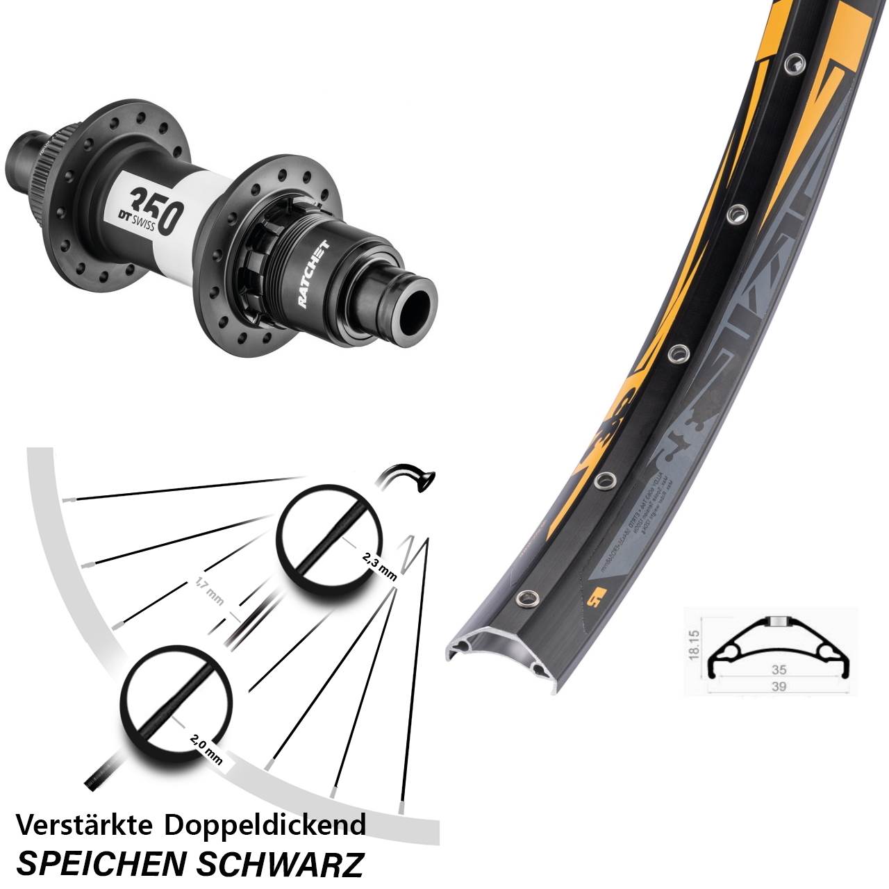 Centerlock Hinterrad 27,5 Zoll Rodi TRYP 35 DT Swiss 350 SRAM XD 12x142