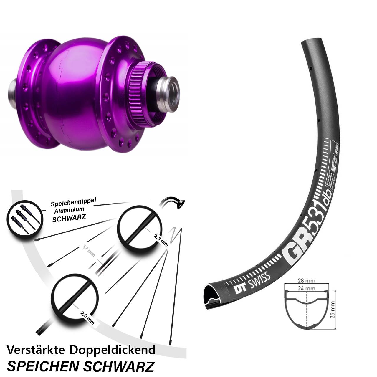 Disc Laufrad mit Nabendynamo 12x100 DT Swiss GR 531 SON 28 Zoll violett