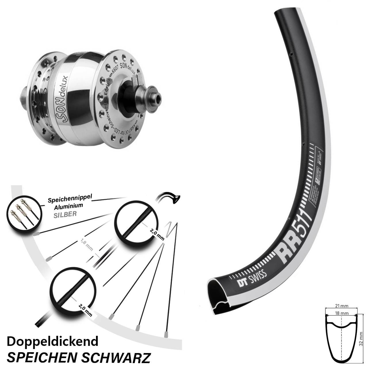 28 Zoll DT Swiss RR511 SON delux Vorderrad mit Nabendynamo für Schnellspanner