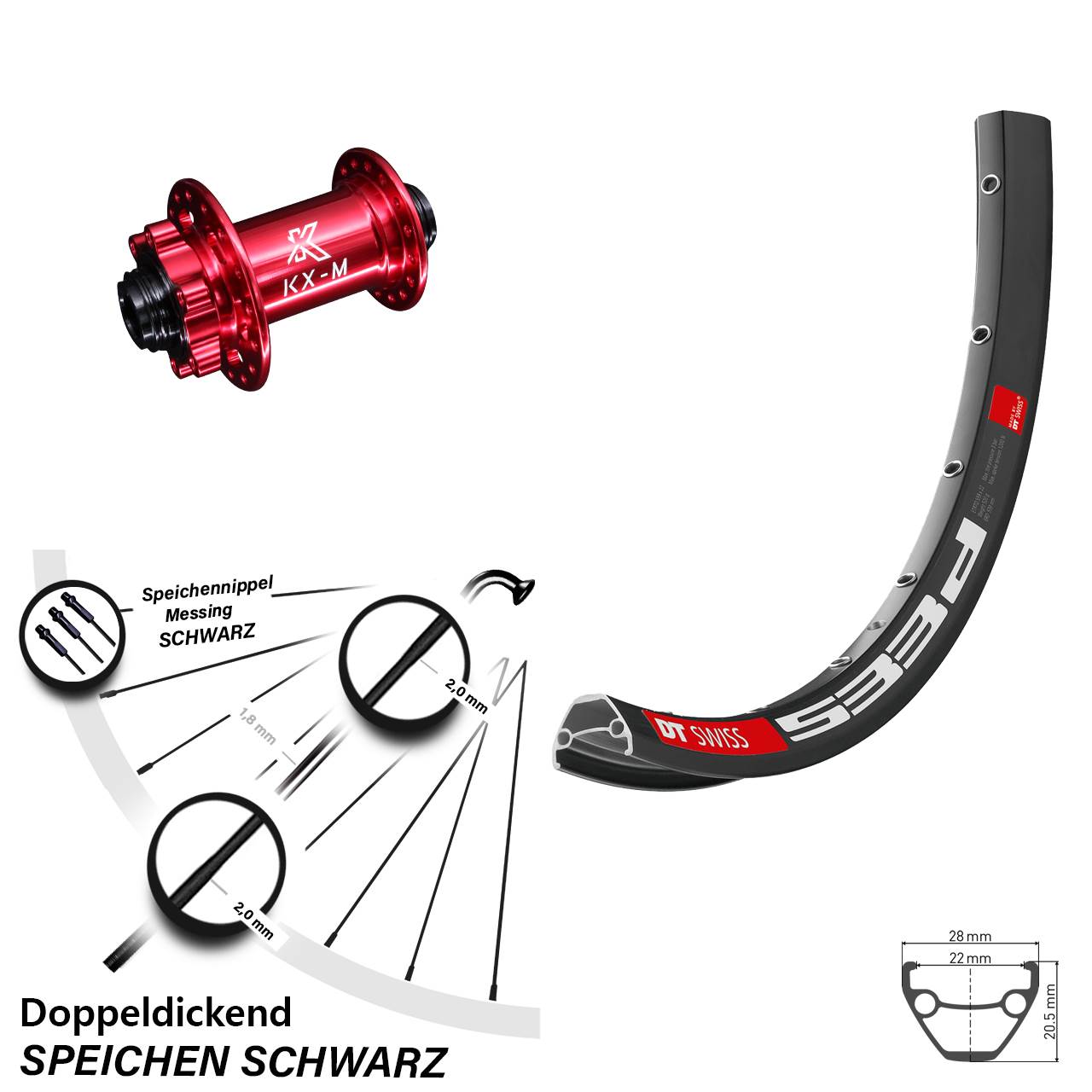 28-29 Zoll Vorderrad KX-M Nabe rot-eloxiert 15x100 mm DT Swiss 533 D für 6-Loch