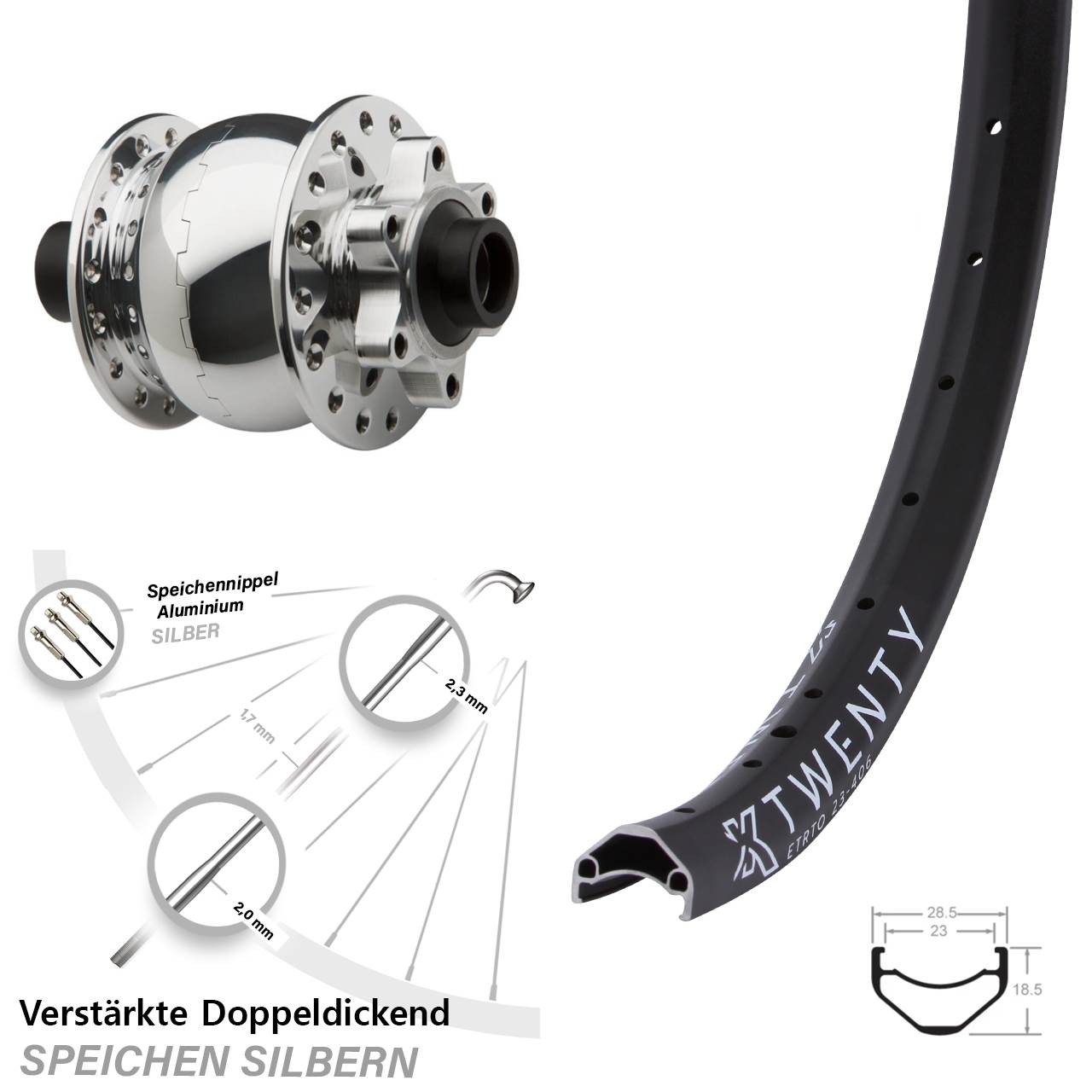 SON Nabendynamo silbern poliert KX Twenty Vorderrad 20 Zoll Lastenrad 6-loch