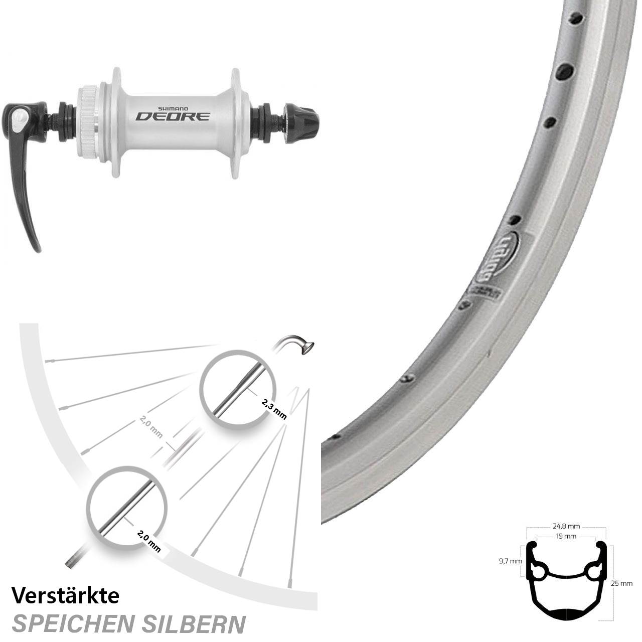 Vorderrad 28 Zoll Shimano Deore HB-M595 Ryde Andra 10 silbern