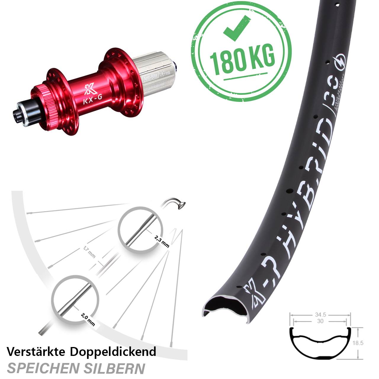 Centerlock Hinterrad für Schnellspanner 29 Zoll KX-GR Hybrid 30 rot 8-12 fach