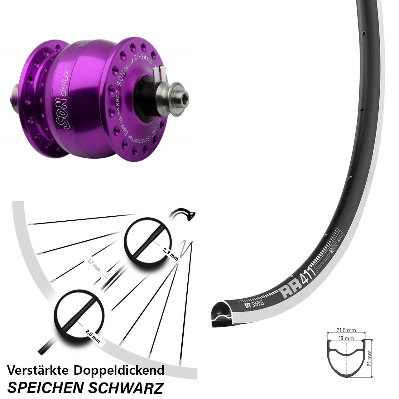 SONdelux violett DT Swiss RR411 28 Zoll Nabendynamovorderrad QR