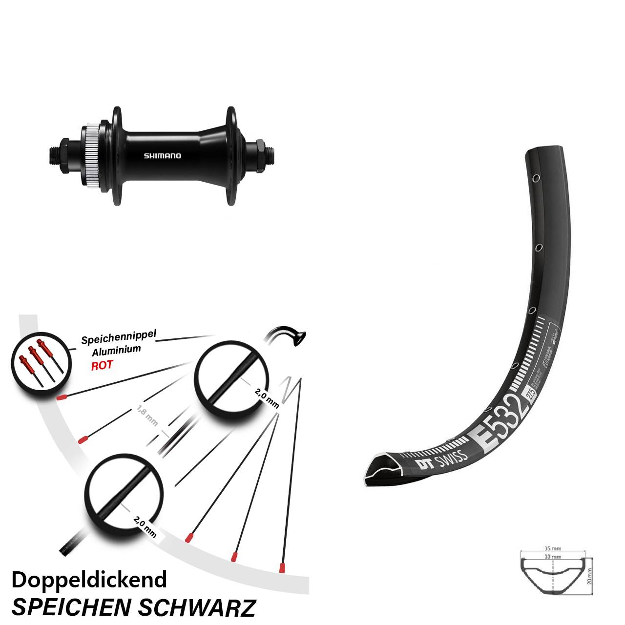 27,5 Zoll DT Swiss E 532 Shimano HB-QC400 Centerlock Vorderrad für Schnellspanner