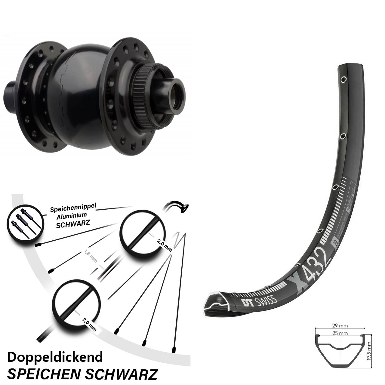 Dynamo Vorderrad 29 Zoll DT Swiss X 432 schwarz SON 28-15 Boost Centerlock 15x110 mm