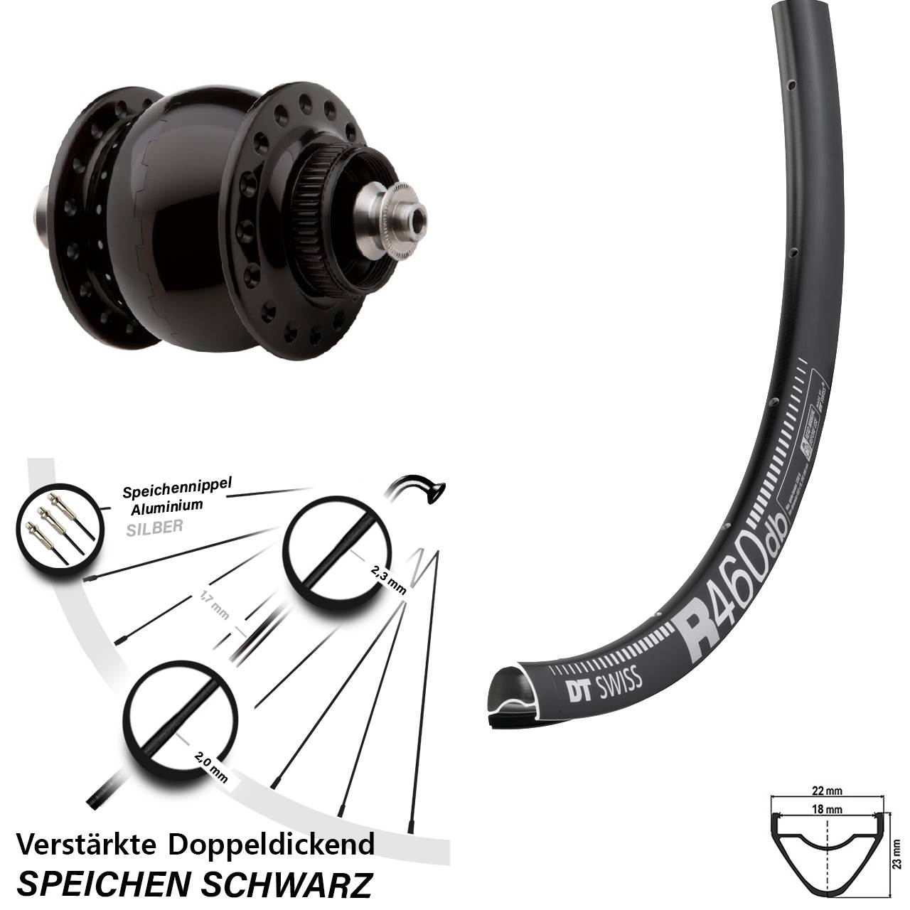 Nabendynamovorderrad 28 Zoll DT Swiss R 460 Disc SON delux für Schnellspanner