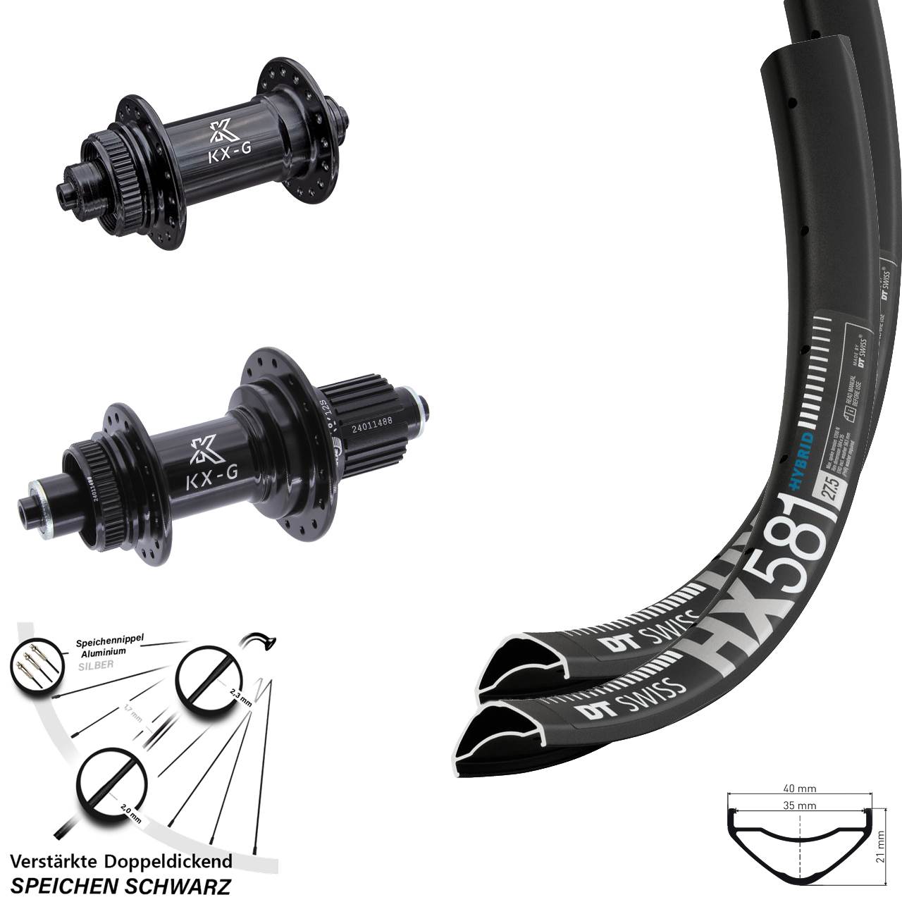 27,5 Zoll DT Swiss HX 581 KX-G Disc Laufrad-Satz QR Micro Spline