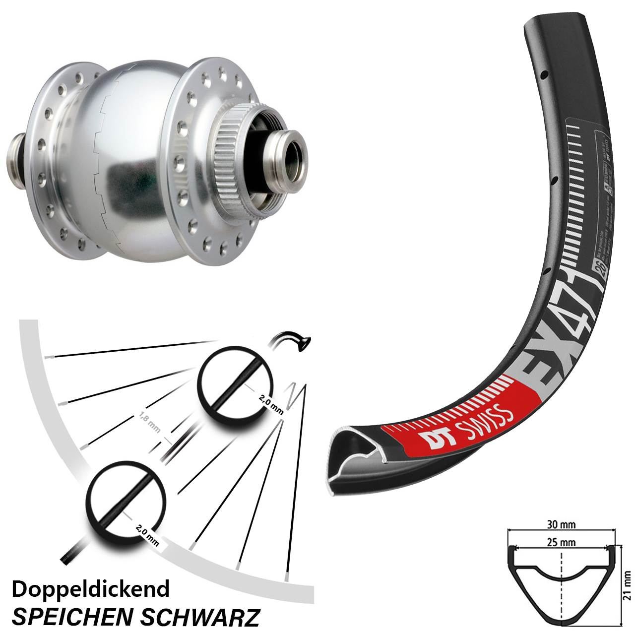 SON 28 silbern DT Swiss EX 471 26 Zoll Nabendynamovorderrad Centerlock 12x100