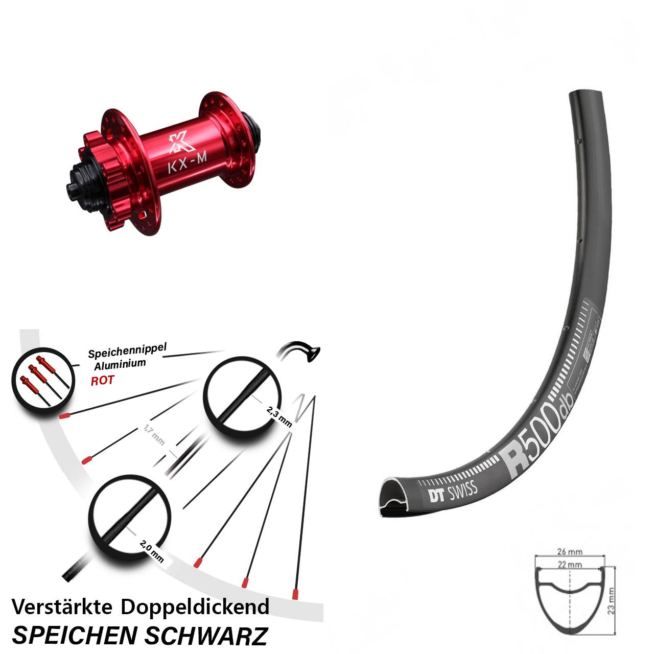 Disc Laufrad 29 Zoll DT Swiss R500 KX-M rot für Schnellspanner