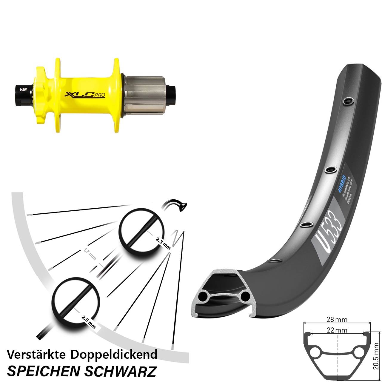 26 Zoll DT Swiss U533 XLC Pro gelb Disc Hinterrad 12x142 8-11 fach