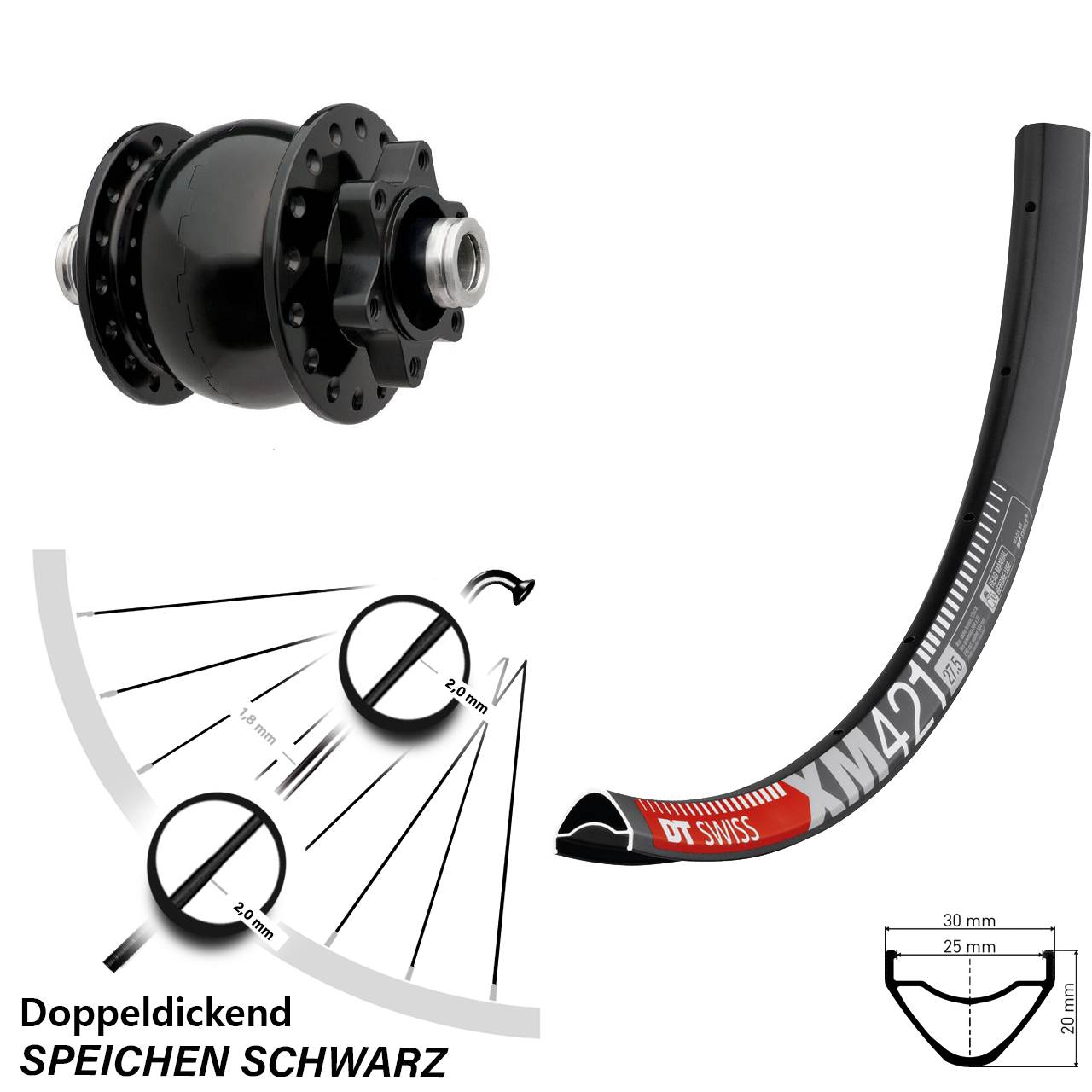 Nabendynamovorderrad 6-Loch 12x100 27,5 Zoll DT Swiss XM 421 SON 28