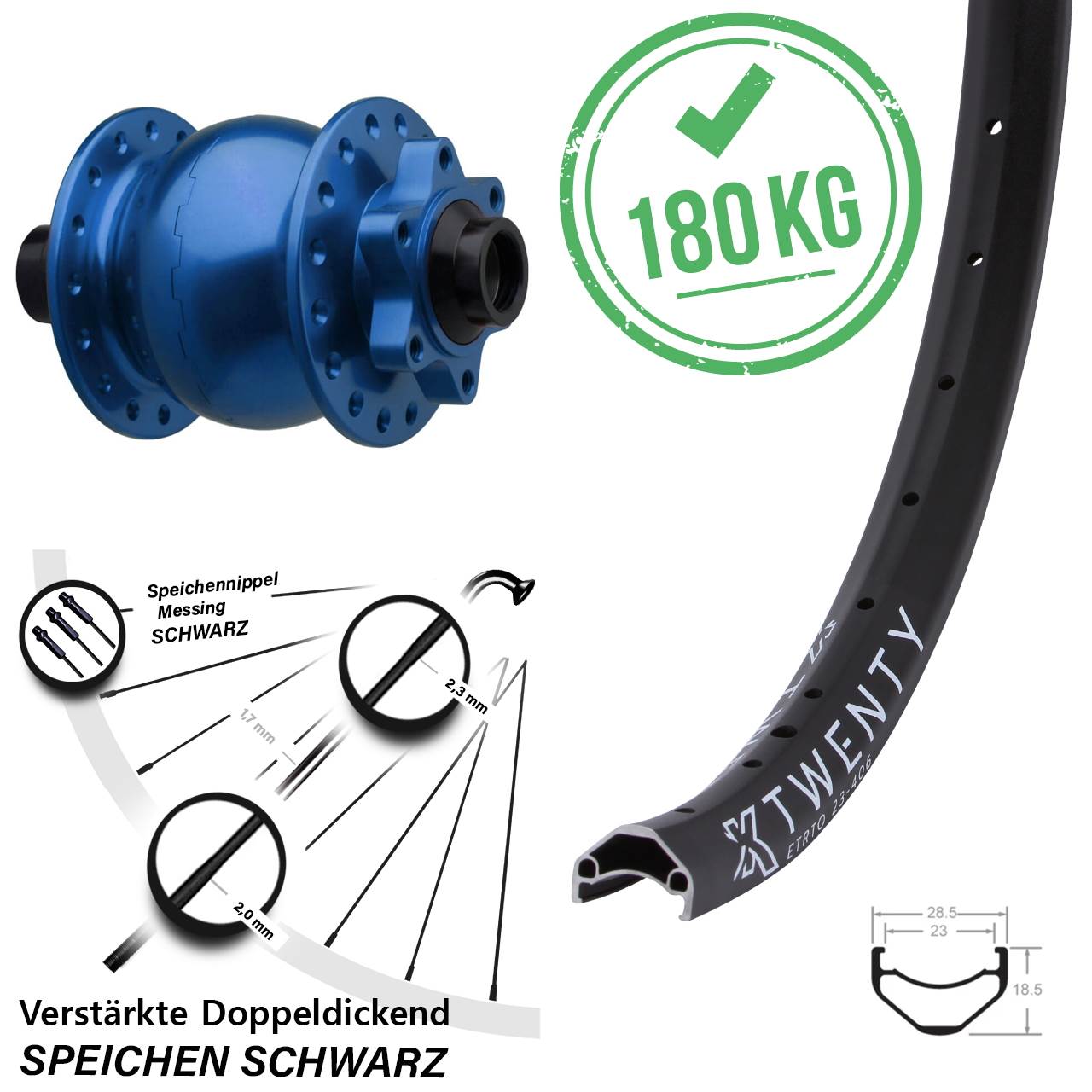 20 Zoll KX Twenty SON 28 blau 6-Loch Nabendynamovorderrad 15x110 Boost