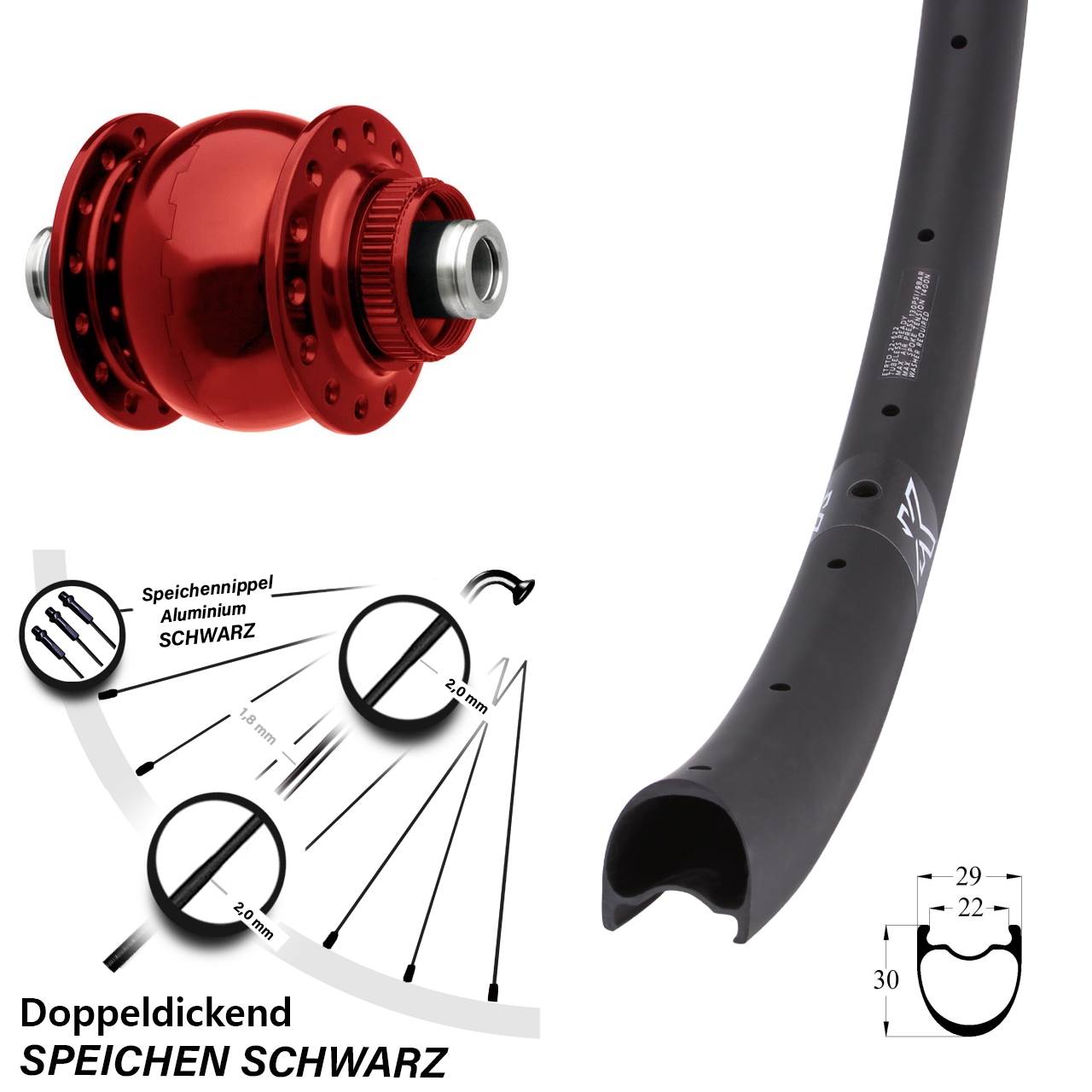 roter SON 28 Zoll KX-RC Gravel Carbon Dynamo-Vorderrad Centerlock 12x100