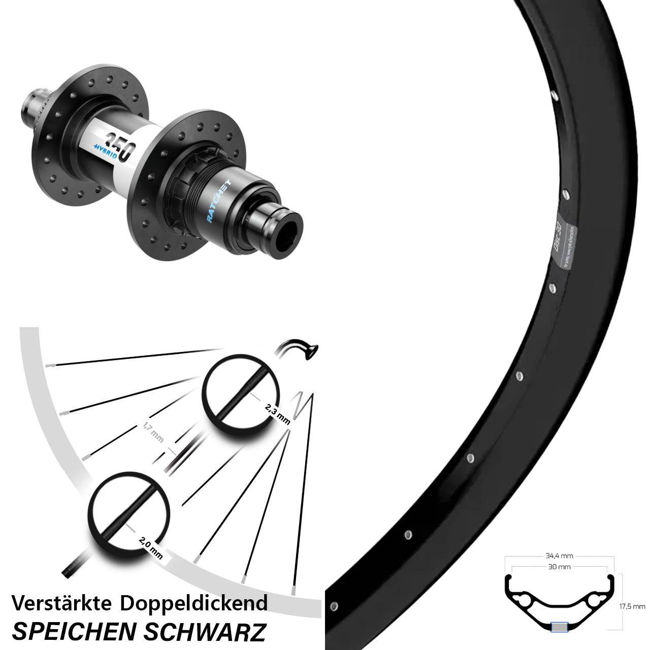Hinterrad 27,5 Zoll Ryde Disc 30 DT Swiss 350 Hybrid XD 11-12 fach 12x148