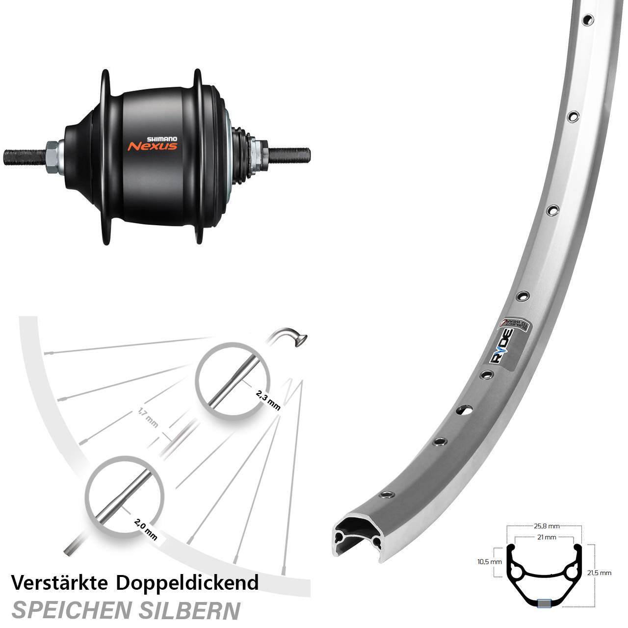 28 Zoll Hinterrad Ryde Zac 421 Shimano Nexus 8 Gang Freilauf