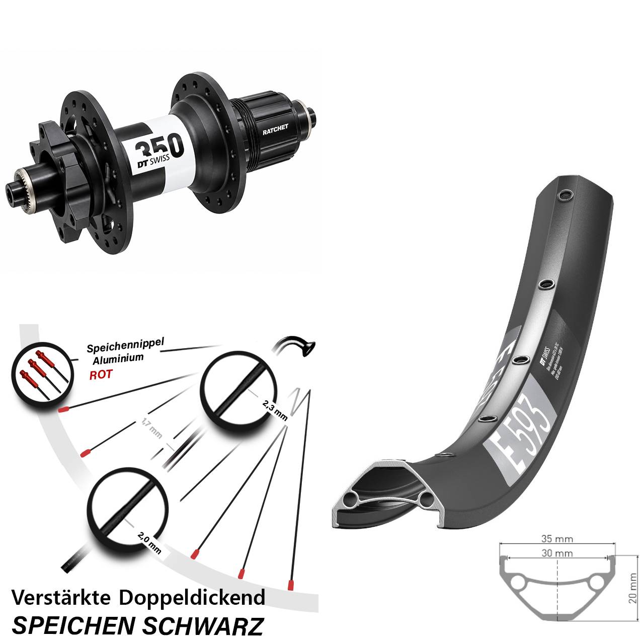 DT Swiss E 593-350 29 Zoll Hinterrad 6-Loch für Schnellspanner Boost XD