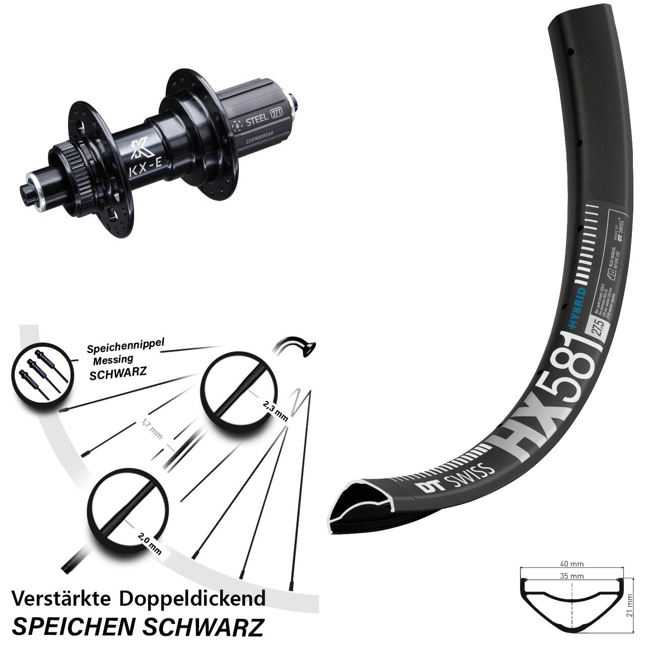 Hinterrad Centerlock 27,5 Zoll DT Swiss HX 581 KX-E 8-12 fach für Schnellspanner
