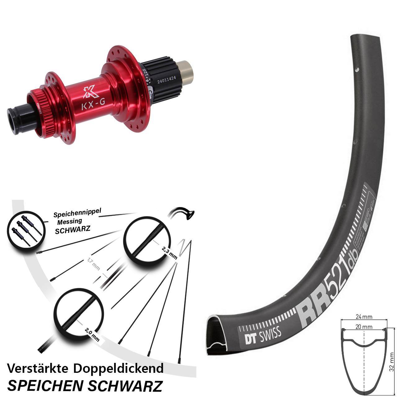 28 Zoll DT Swiss RR521 KX-G rot Disc Laufrad 12x142 Shimano Micro Spline