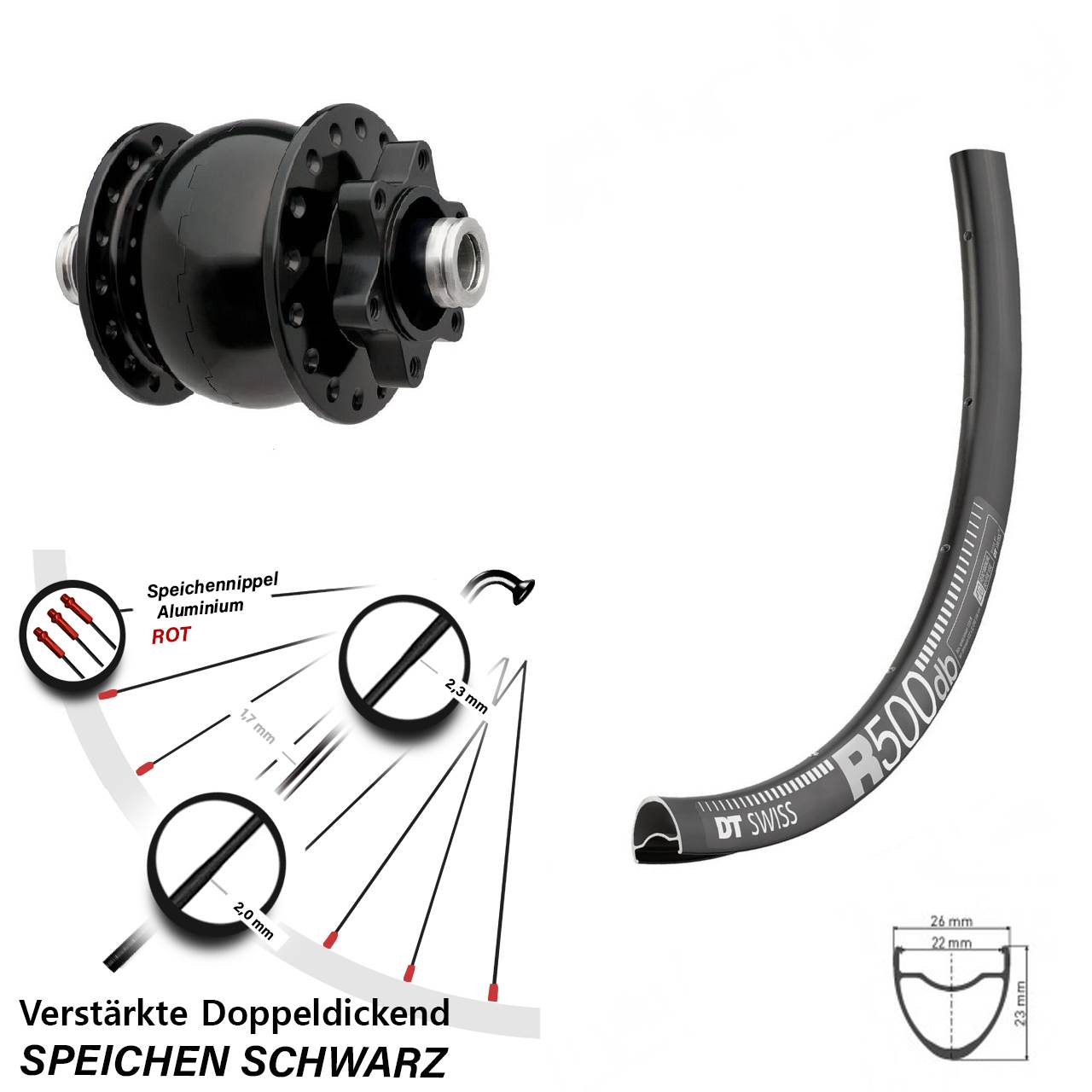 Nabendynamovorderrad 6-Loch 12x100 29 Zoll DT Swiss R500 SON 28