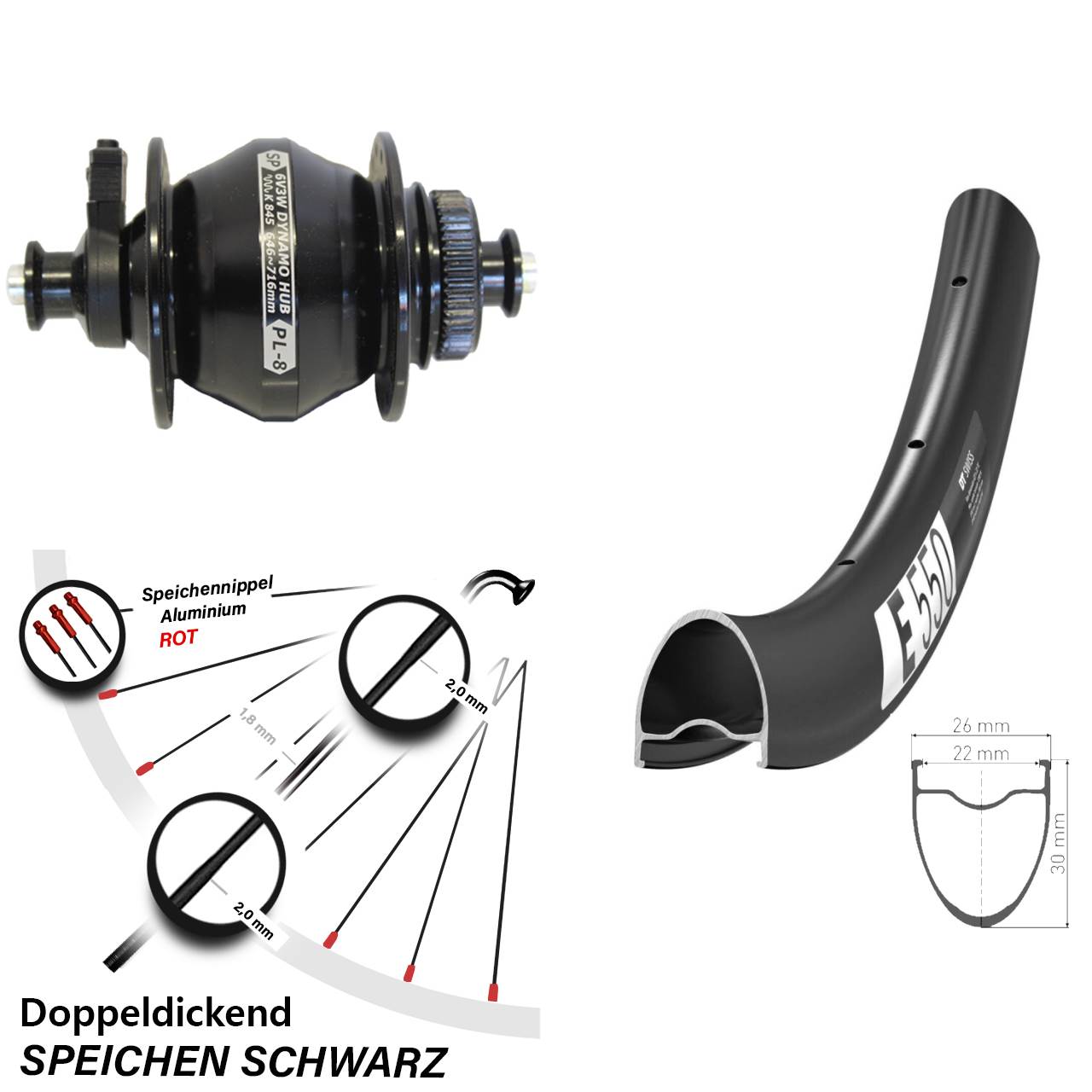 Disc Nabendynamovorderrad 28 Zoll DT Swiss E550 Shutter PL-8 für Schnellspanner