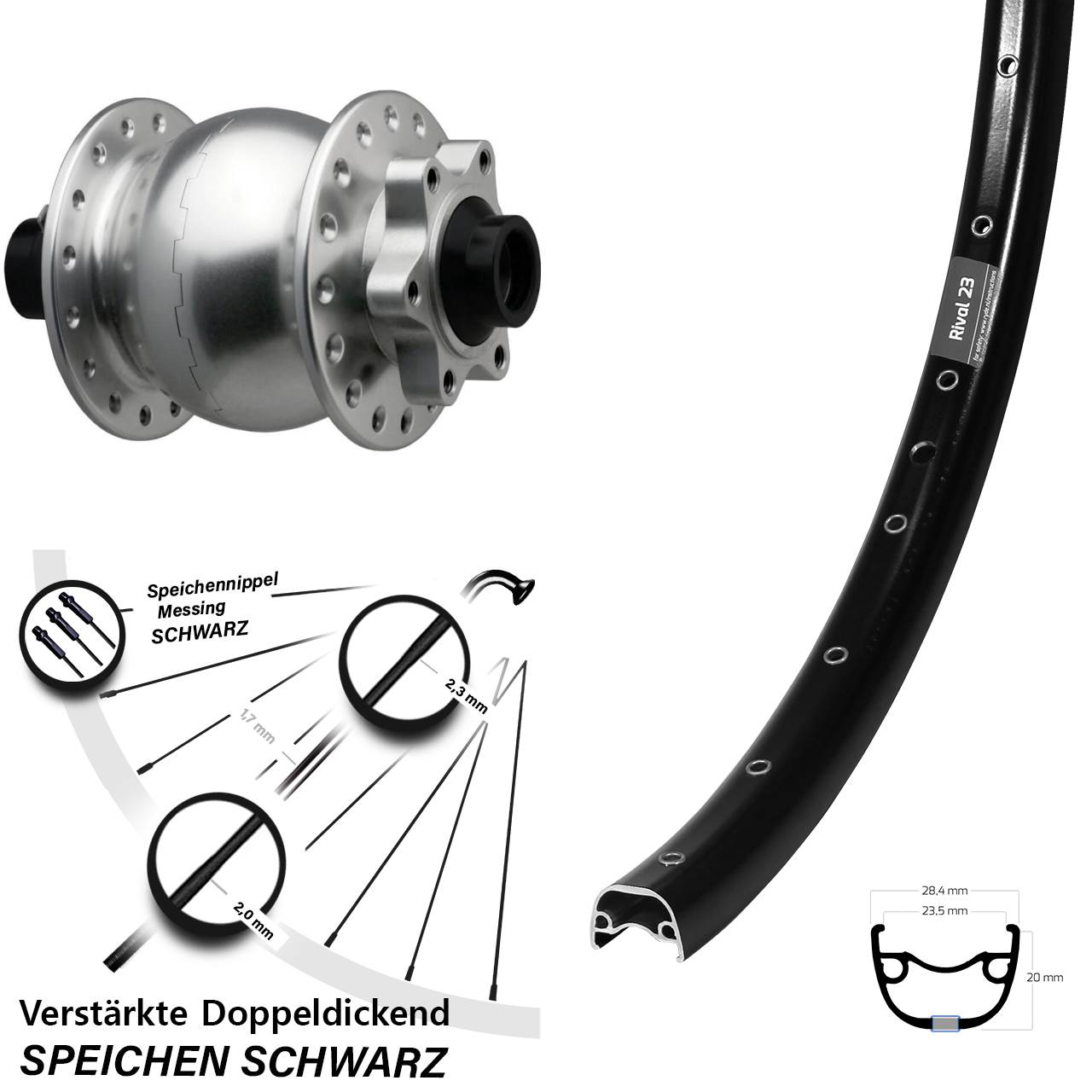 Boost Nabendynamovorderrad 6-Loch 15x110 27,5 Zoll Ryde Rival 23 SON 28 silbern