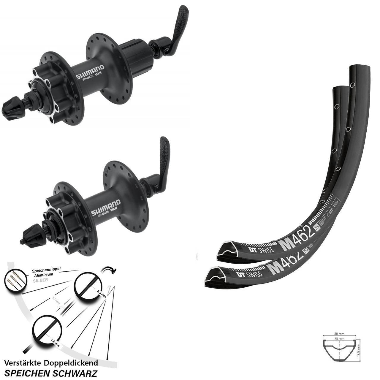 Laufradsatz 6-Loch QR 650B DT Swiss M462 Shimano HB-M475 Shimano FH-M475 8-11 fach