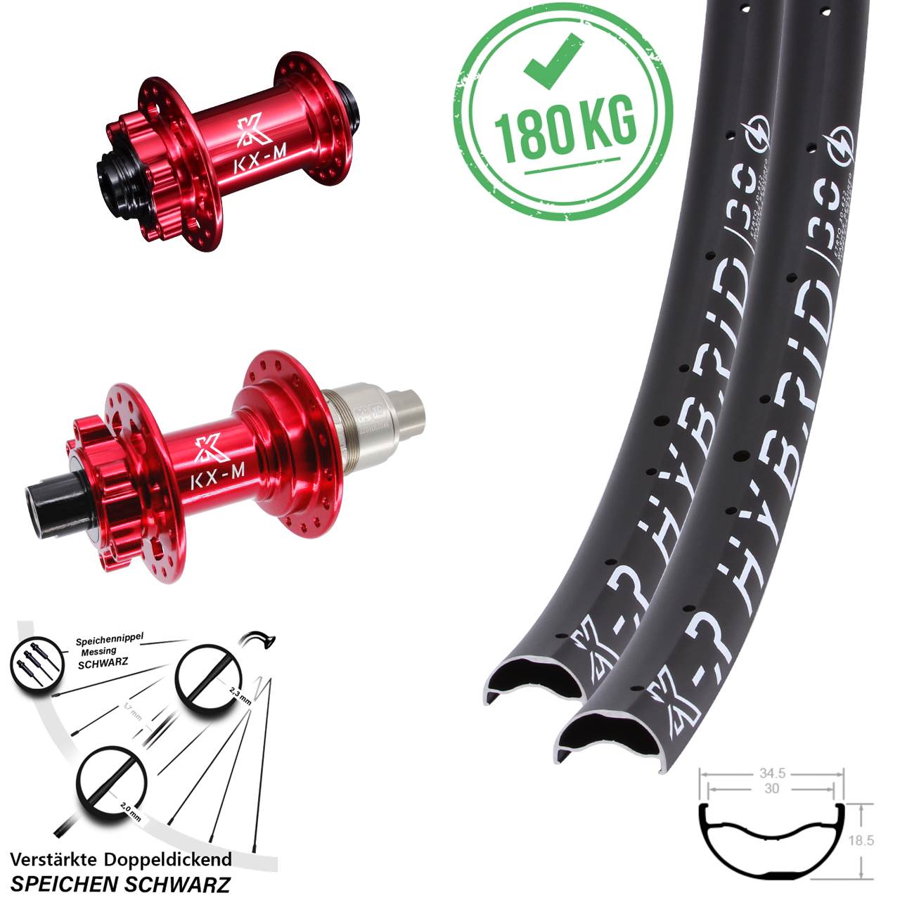 Laufradsatz 6-Loch 12x100/142 29 Zoll KX-MR Hybrid 30 rot SRAM XD