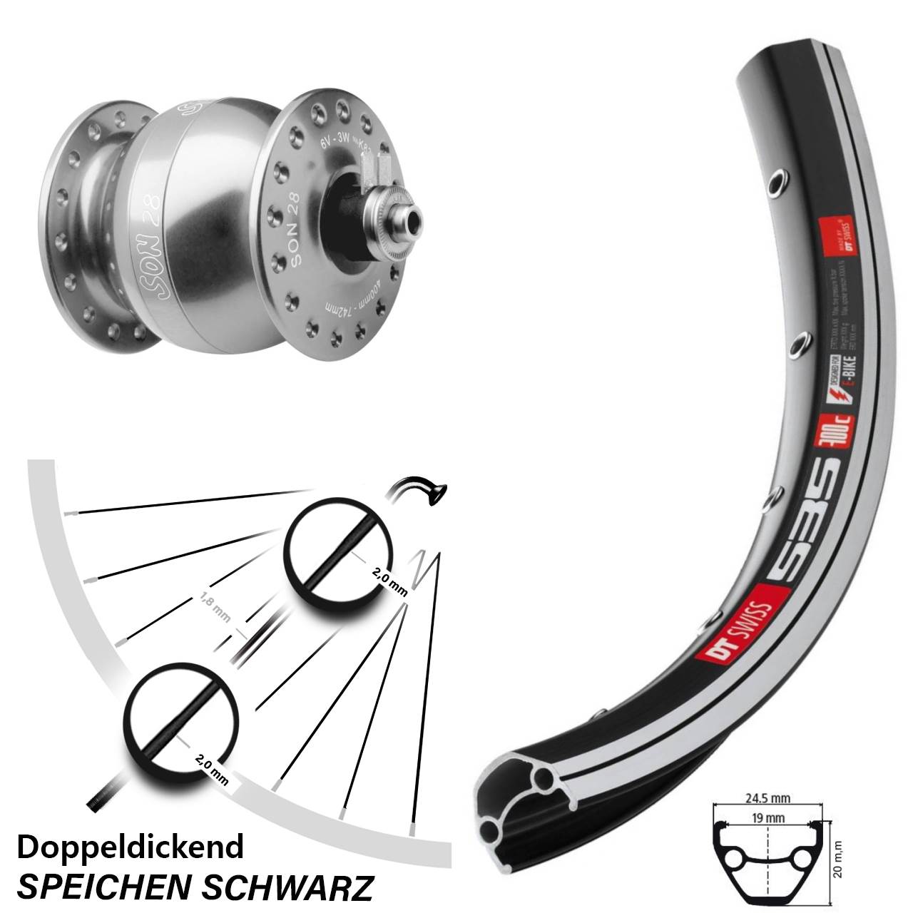 Vorderrad mit Nabendynamo 26 Zoll DT Swiss 535 SON 28 silbern QR