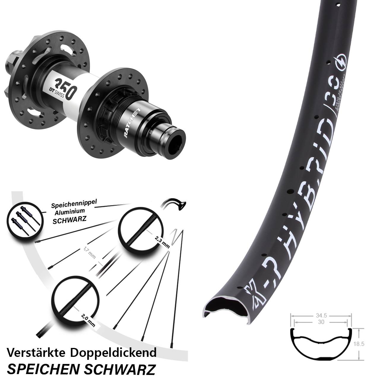 Hinterrad 6-Loch 29 Zoll KX-R Hybrid 30 DT Swiss 350 XD 12x148 Boost