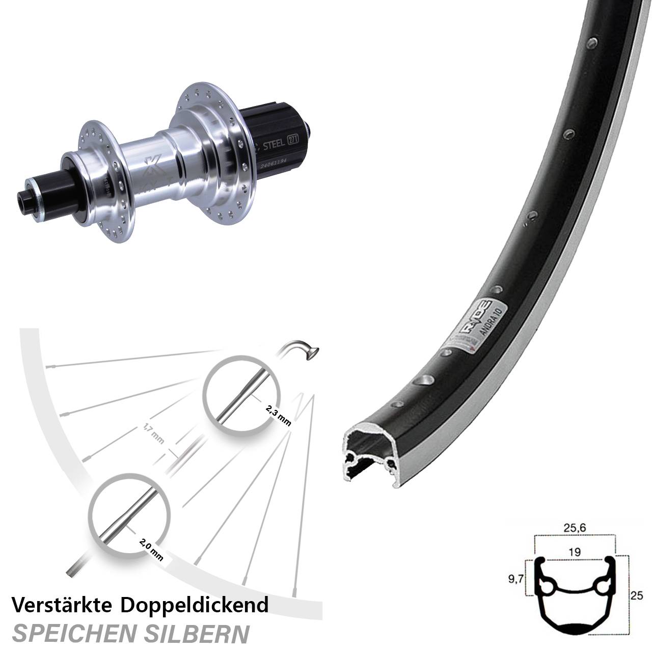 Hinterrad 20 Zoll Ryde Andra 10 KX-T Heavy Duty 8-12 fach QR