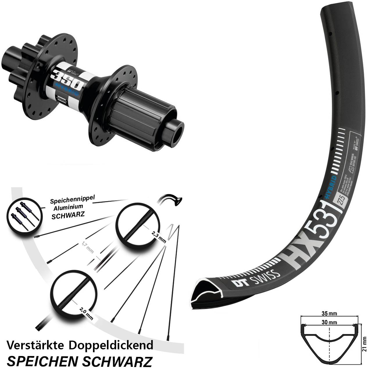 29 Zoll Hinterrad E-Bike HX 531 DT Swiss 350 Hybrid Boost 12x148 mm Shimano HG 8-11 fach
